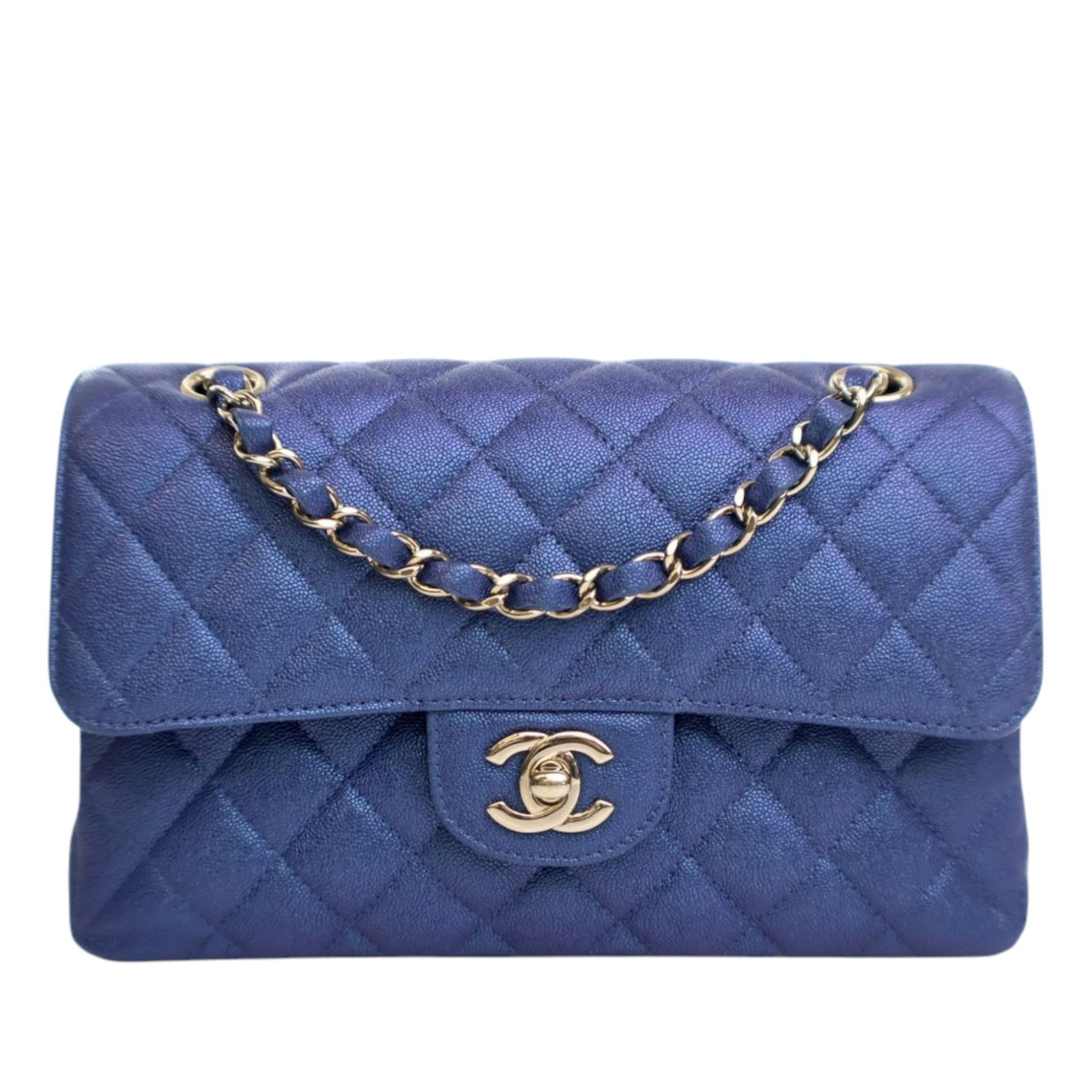 Chanel Small Classic Iridescent Caviar Double Flap Bag Blue: Chanel Small Classic Iridescent Caviar Double Flap Bag Blue This Chanel Small Classic Iridescent Caviar Double Flap shoulder bag is crafted from luxurious quilted caviar leather in a stunning blue hue