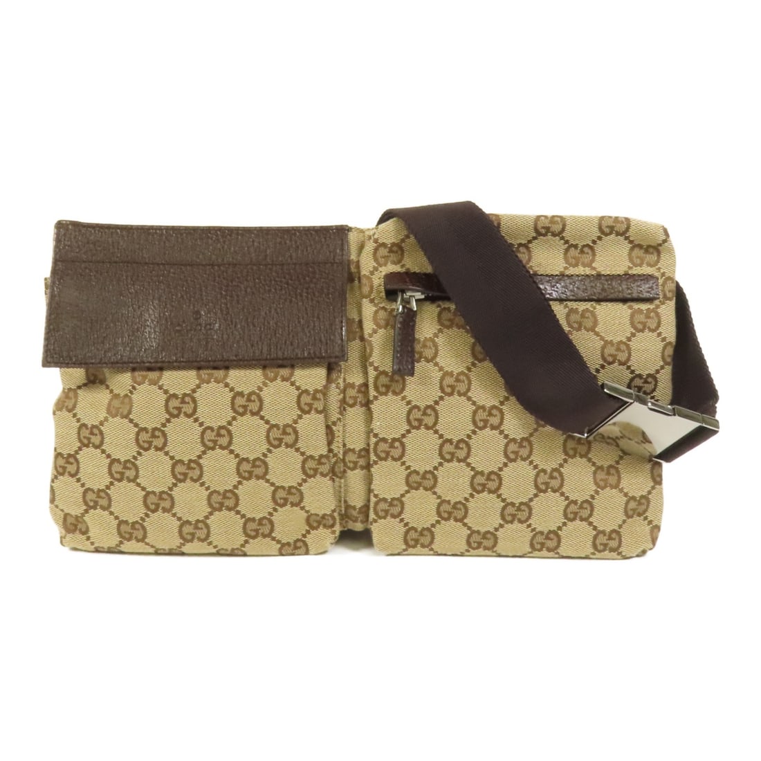 GUCCI GG Canvas Brown Waist Bag Made in Italy: GUCCI GG Canvas Brown Waist Bag Made in Italy This chic GUCCI GG Waist Bag is crafted from high-quality GG canvas in a rich brown color, perfect for stylish functionality. Measuring 6.7 inches in heig