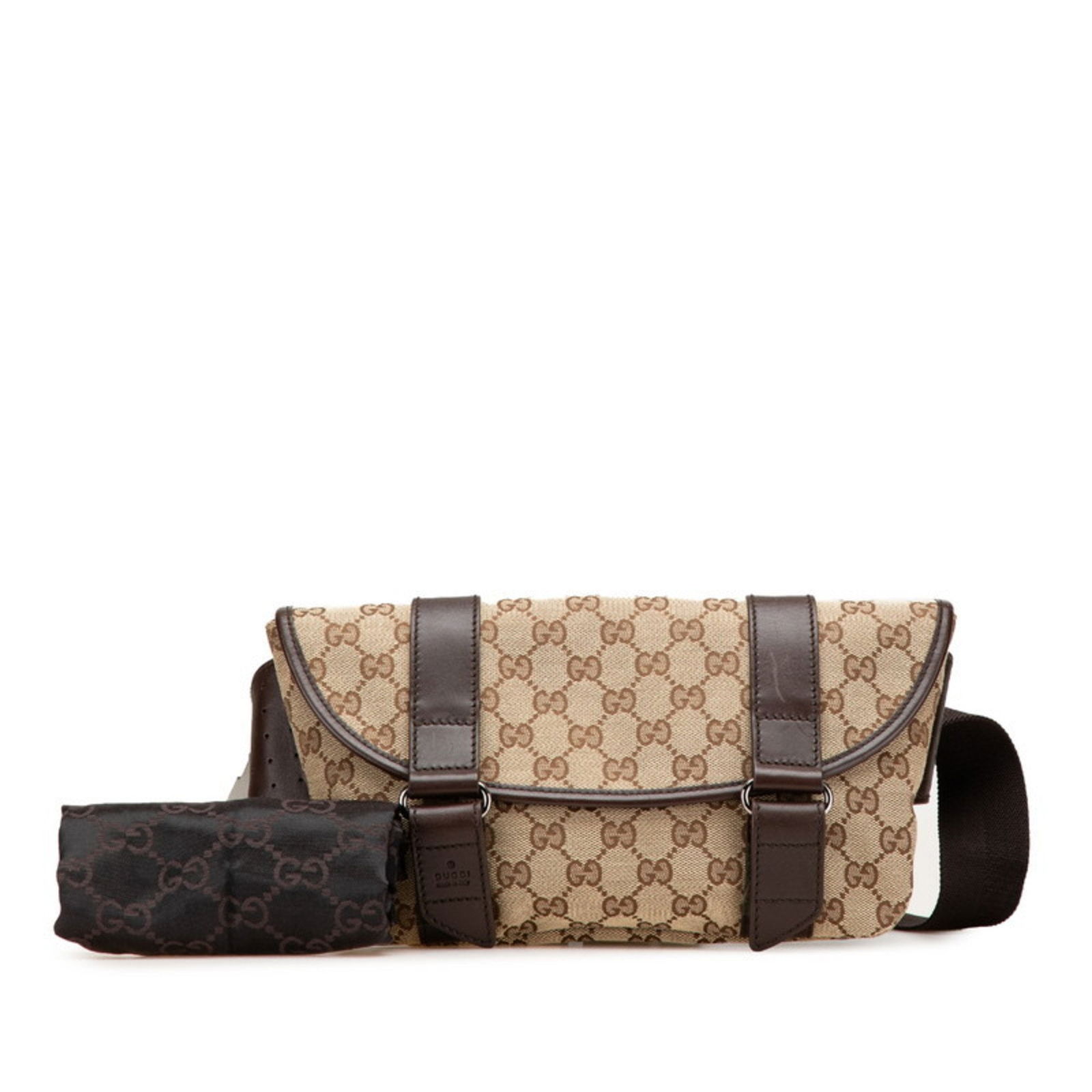 Canvas beige and brown belt bag by Gucci Italy: Canvas beige and brown belt bag by Gucci Italy This Gucci belt bag is crafted from beige and brown canvas and designed for women. Made in Italy, the bag features a structured silhouette with minor los
