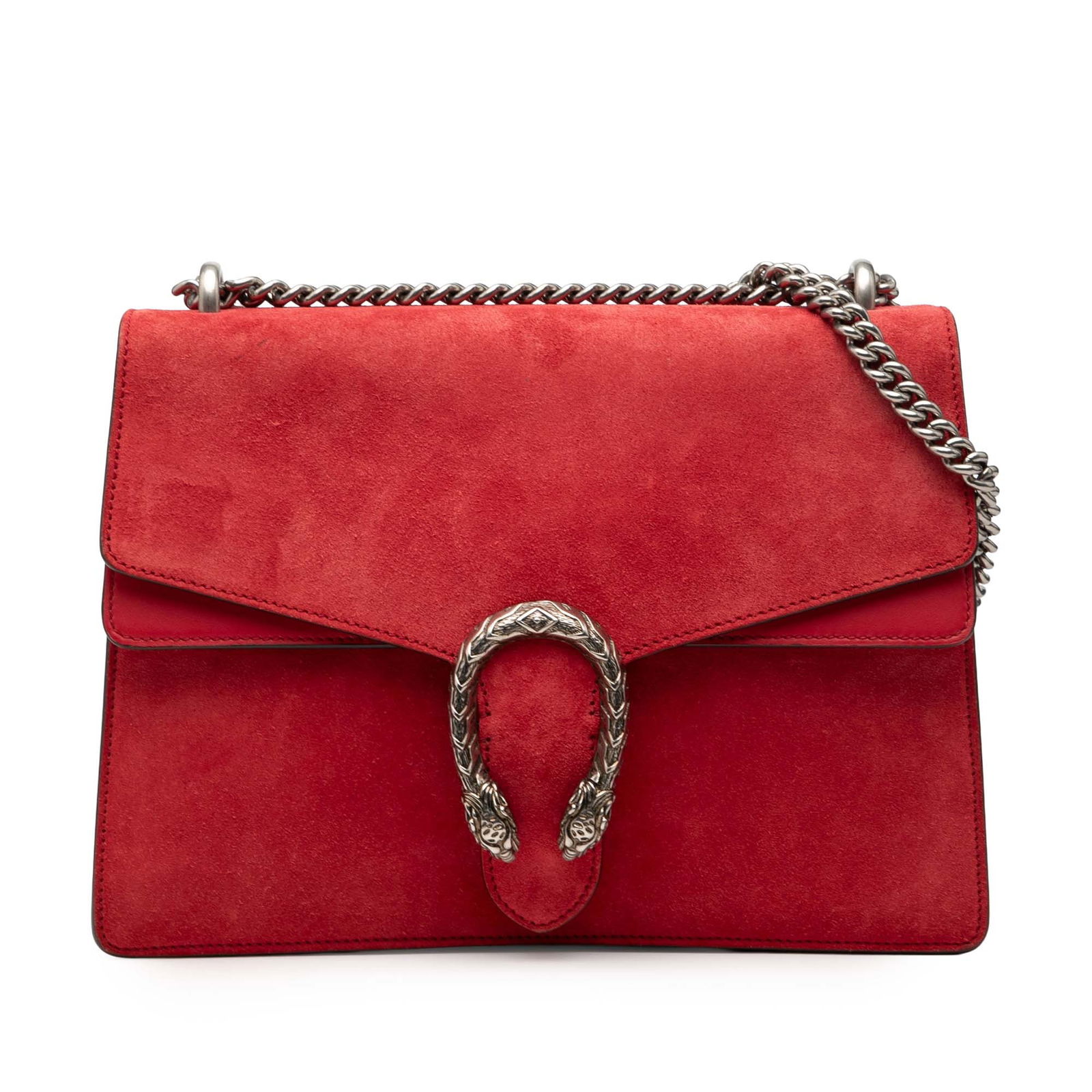 Red Leather Dionysus Medium Shoulder Bag with Silver Chain Strap: Red Leather Dionysus Medium Shoulder Bag with Silver Chain Strap This Gucci Medium Suede Dionysus Shoulder Bag features a red suede body with leather trim, silver-tone curb chain link straps, a front