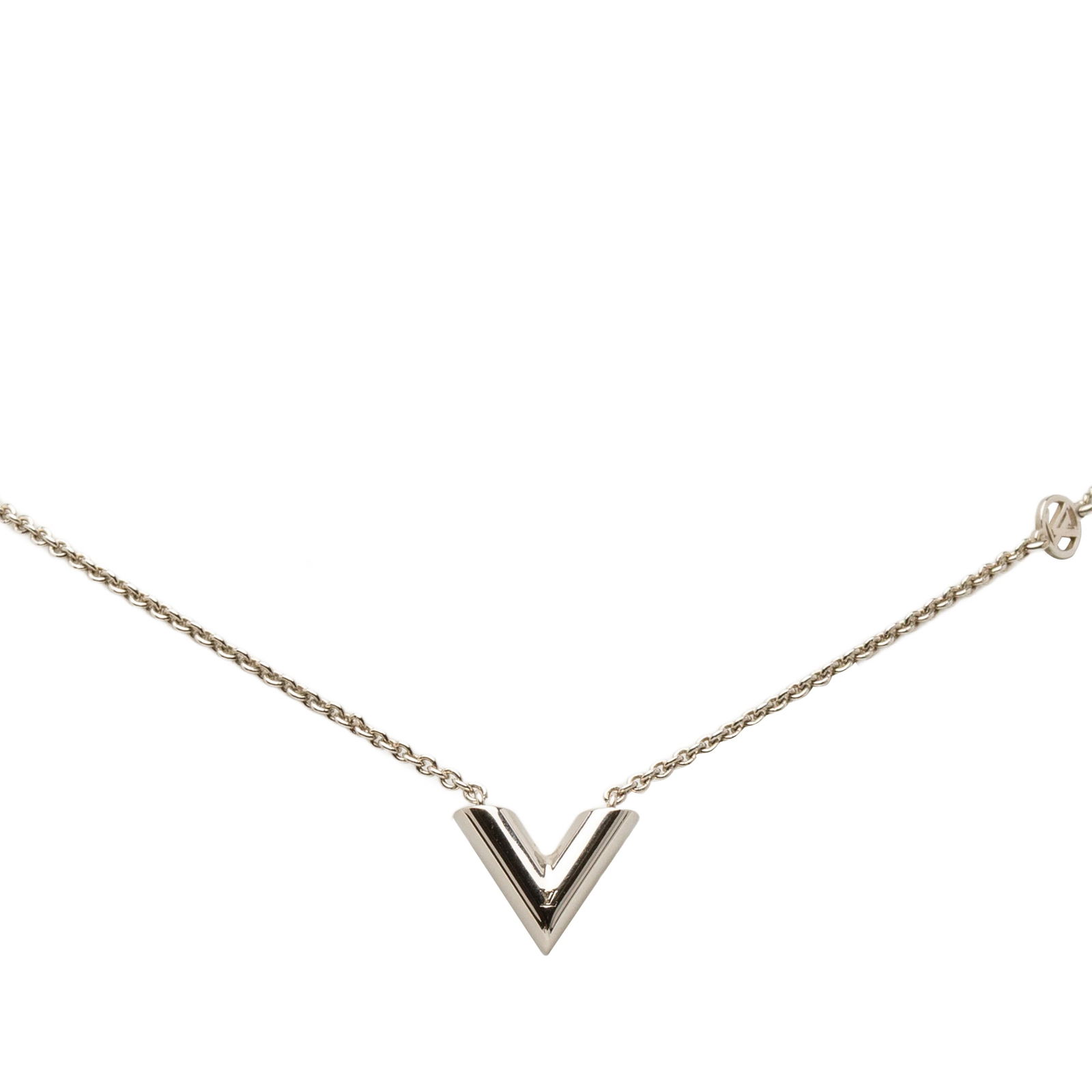 Louis Vuitton Essential V Necklace Silver Plated Metal Pendant: Louis Vuitton Essential V Necklace Silver Plated Metal Pendant This Louis Vuitton Essential V Supple Necklace features a silver-plated metal body with a silver-tone V-shaped pendant and a lobster clas