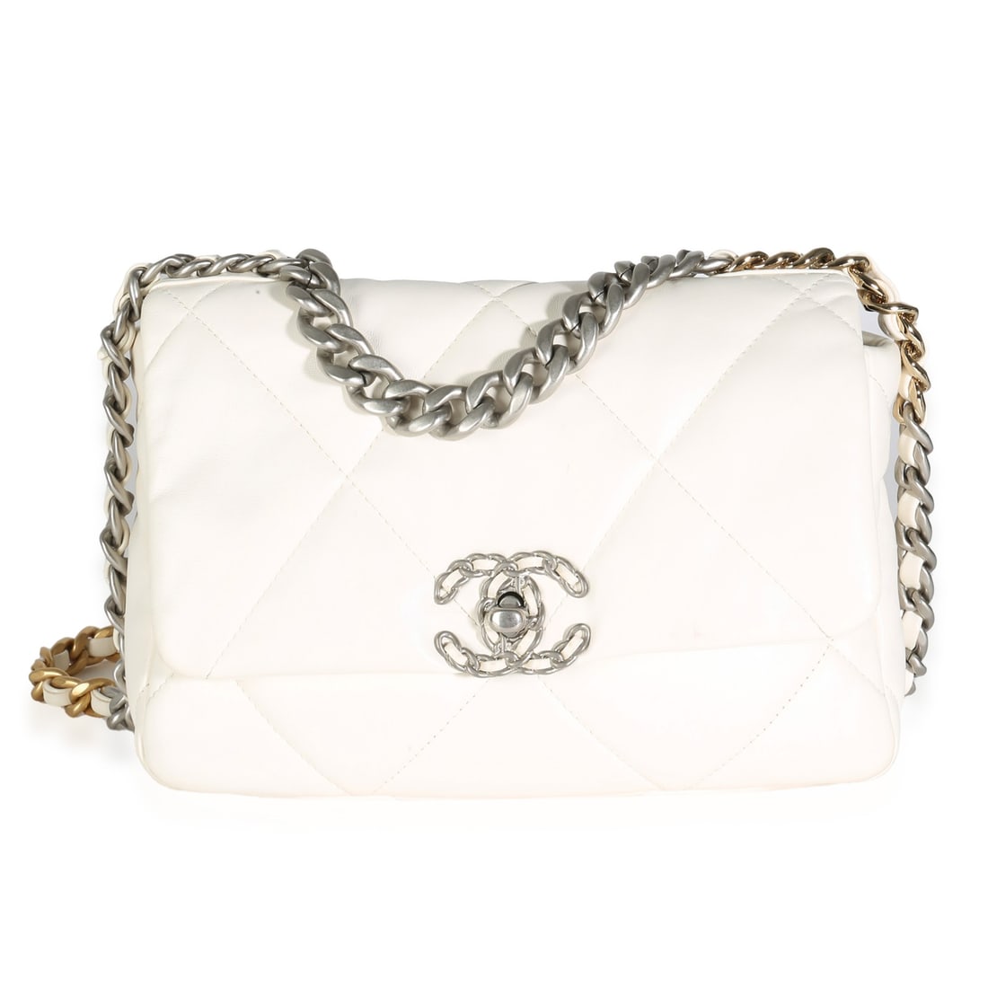 Chanel Small 19 Flap Bag White Lambskin Gold-Tone Hardware: Chanel Small 19 Flap Bag White Lambskin Gold-Tone Hardware Introducing the elegant Chanel White Quilted Lambskin Small Chanel 19 Flap Bag, a luxurious accessory that combines style and practicality. T