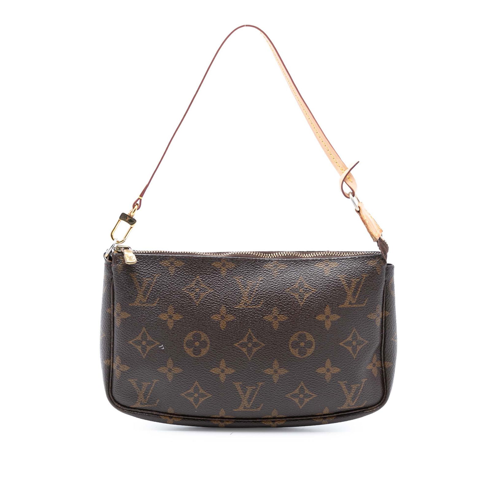 Brown Monogram Canvas Pochette Accessoires Bag by Louis Vuitton: Brown Monogram Canvas Pochette Accessoires Bag by Louis Vuitton This Louis Vuitton Monogram Pochette Accessoires features a monogram canvas body with a brown colorway, a flat vachetta leather handle,