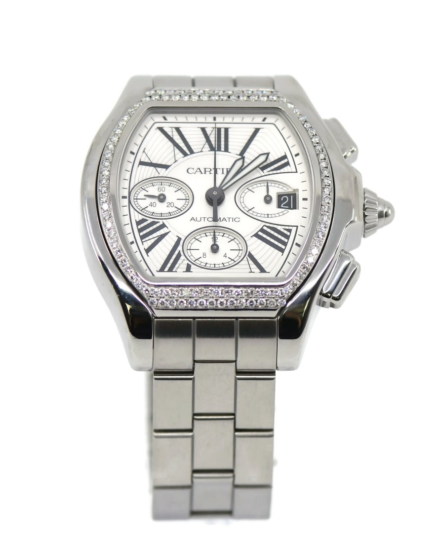 Cartier Roadster Diamond Chronograph Stainless Steel Watch W6206019 with Box and Papers: Cartier Roadster Diamond Chronograph Stainless Steel Watch W6206019 with Box and Papers The Cartier Roadster Diamond Chronograph is a stunning wristwatch that combines elegance with functionality. Fea