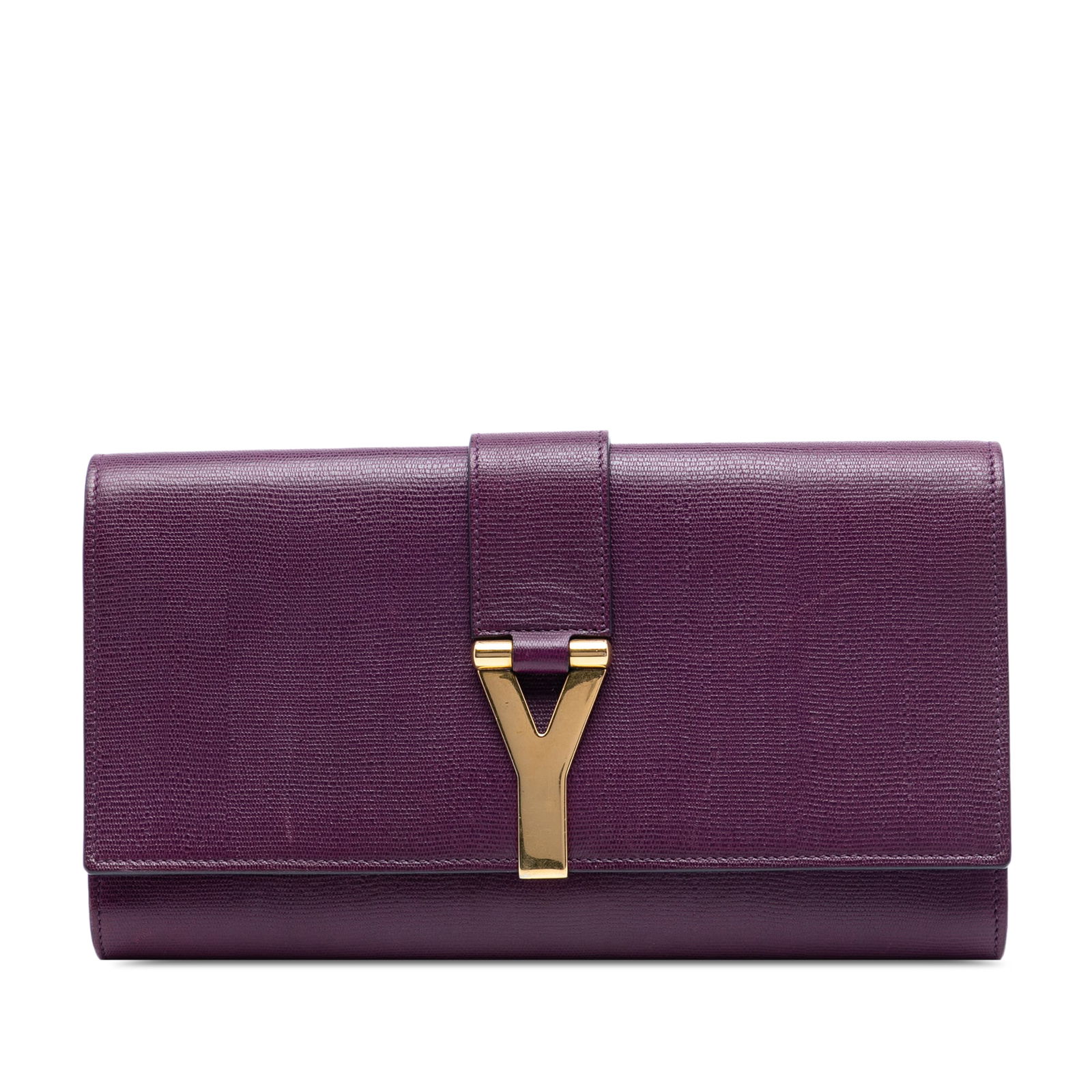 Saint Laurent Chyc Ligne Purple Leather Clutch with Gold Y Accent: Saint Laurent Chyc Ligne Purple Leather Clutch with Gold Y Accent This Saint Laurent Chyc Ligne Clutch features a textured purple leather body, a front flap with gold-tone Y hardware, and an interior