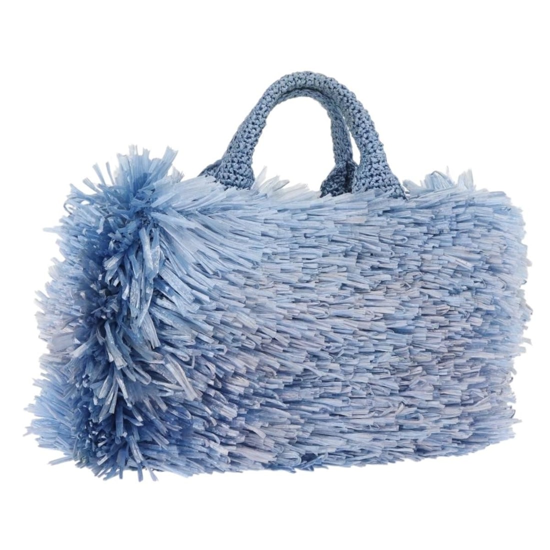 Prada Blue and Gold Handbag in Wood and Raffia with Dust Bag: Prada Blue and Gold Handbag in Wood and Raffia with Dust Bag This PRADA handbag features a unique design crafted from wood with blue and gold accents. The bag offers a compact and structured silhouett