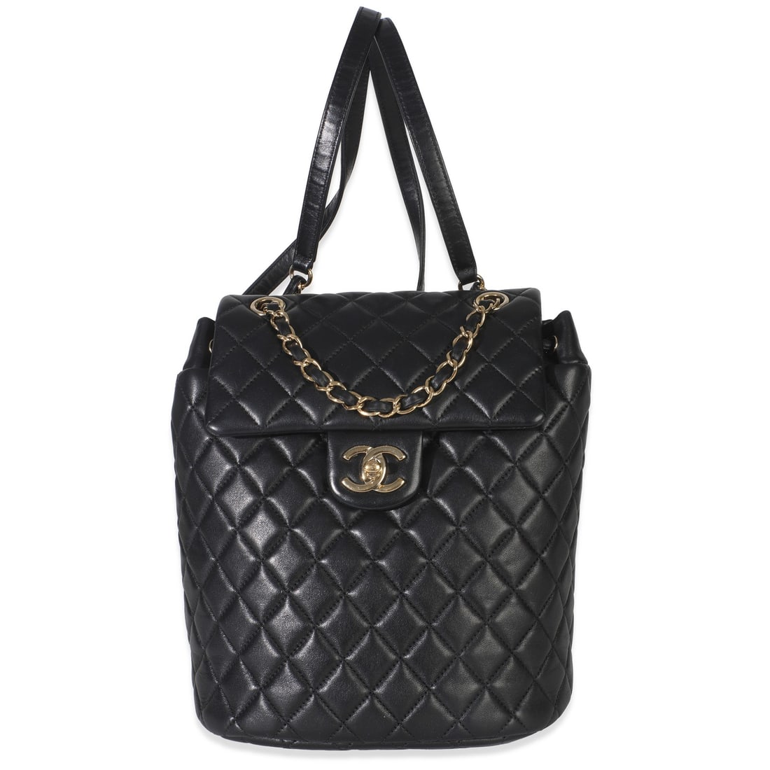 Chanel Urban Spirit Black Lambskin Quilted Small Backpack with Authenticity Card: Chanel Urban Spirit Black Lambskin Quilted Small Backpack with Authenticity Card Introducing the Chanel Black Lambskin Quilted Small Urban Spirit Backpack, a timeless accessory that blends elegance wi