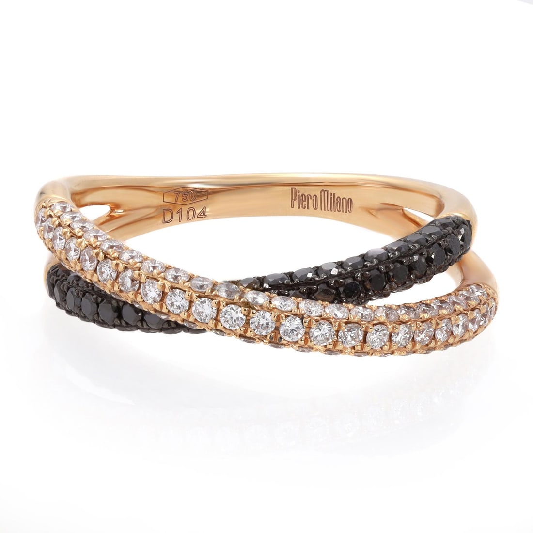 Crossover 18k Rose Gold Ring With White and Black Diamonds Size 8: Crossover 18k Rose Gold Ring With White and Black Diamonds Size 8 This elegant Piero Milano crossover ring is crafted from 18k rose gold and features a striking crisscross design. The ring is set with