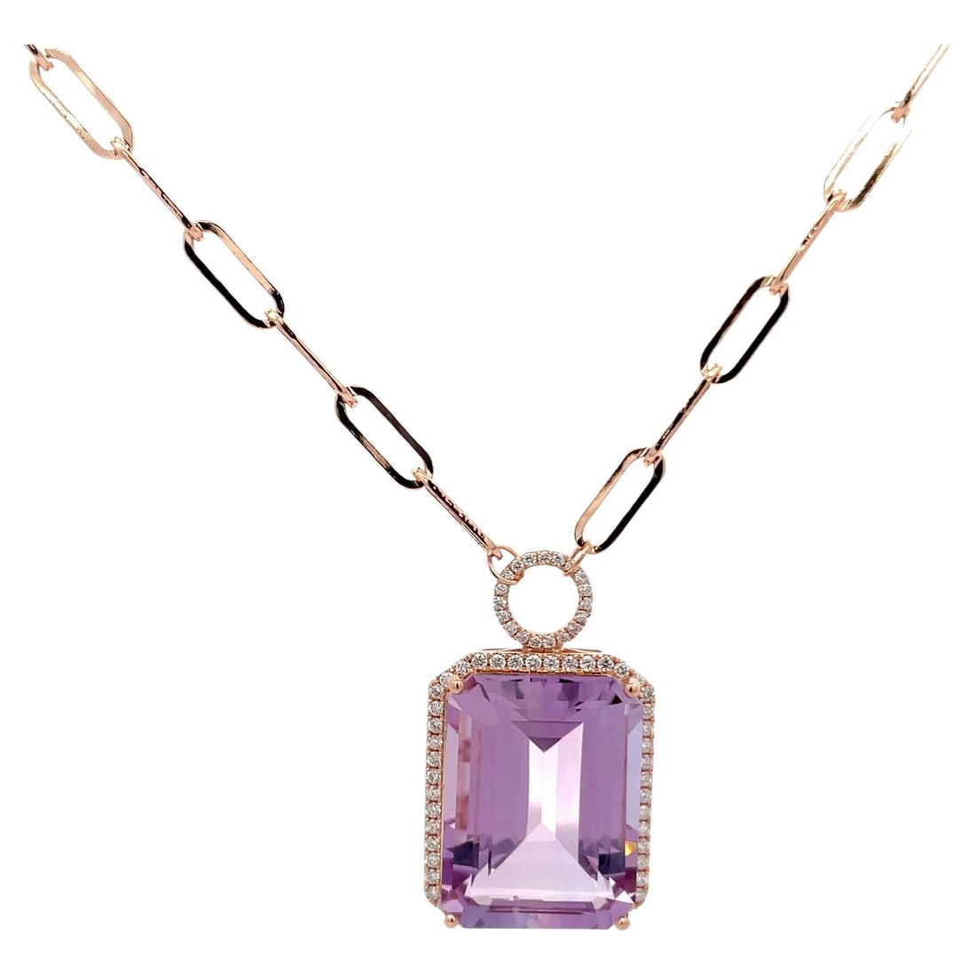 14KT Rose Gold Rose De France Amethyst Diamond Pendant Necklace 22.11 Carats: 14KT Rose Gold Rose De France Amethyst Diamond Pendant Necklace 22.11 Carats This exquisite pendant necklace features a stunning 14KT rose gold design. At its center is a remarkable Rose De France eme