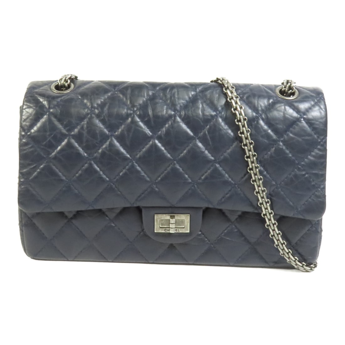 CHANEL 2.55 Medium Navy Calfskin Leather Shoulder Bag: CHANEL 2.55 Medium Navy Calfskin Leather Shoulder Bag This stylish CHANEL CC 2.55 Medium Chain Shoulder Bag is crafted from luxurious calfskin leather in a sophisticated navy hue. Designed for versati