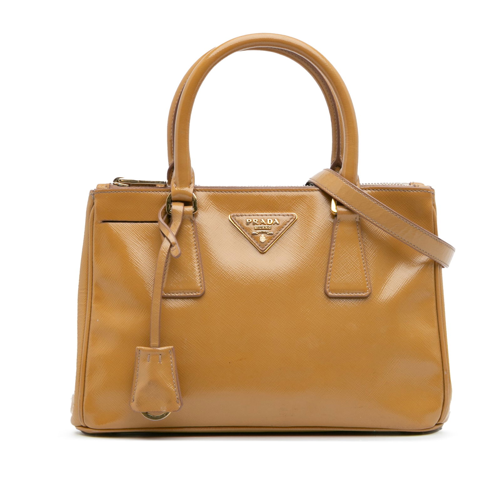Prada Small Saffiano Vernice Galleria Double Zip Satchel Brown Leather: Prada Small Saffiano Vernice Galleria Double Zip Satchel Brown Leather This Prada Small Saffiano Vernice Galleria Double Zip Satchel is a stylish and functional accessory crafted from premium saffiano