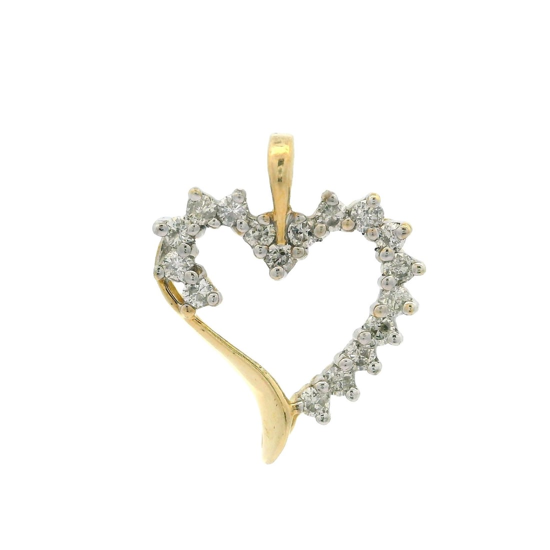 10k Yellow White Gold 0.42ctw Diamond Open Heart Charm Pendant: 10k Yellow White Gold 0.42ctw Diamond Open Heart Charm Pendant This exquisite charm pendant features an open heart design crafted from solid 10k yellow and white gold, adorned with 17 natural round br