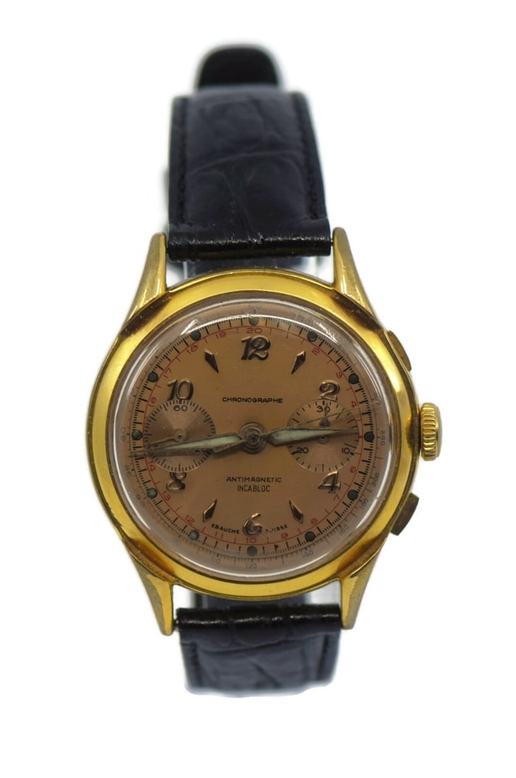 Chronographe Suisse Two Tone Gold Plated Mechanical Watch 37mm: Chronographe Suisse Two Tone Gold Plated Mechanical Watch 37mm This exquisite Chronographe Suisse wristwatch features a striking two-tone design, crafted from gold-plated stainless steel for a luxurio