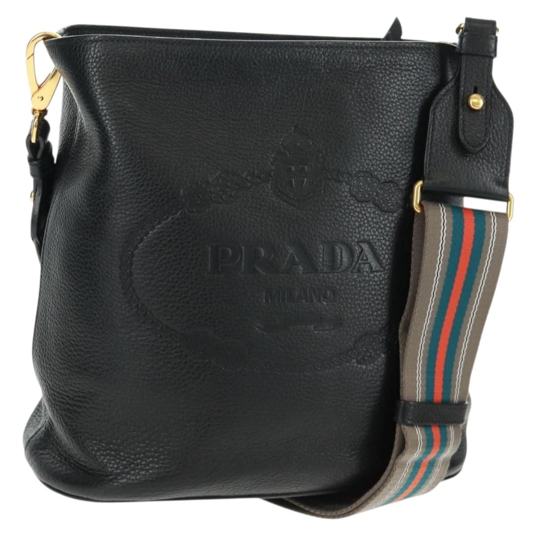 Prada Black and Gold Leather Shoulder Bag with Dust Bag: Prada Black and Gold Leather Shoulder Bag with Dust Bag This PRADA shoulder bag features black leather with gold-tone accents and offers a sophisticated look. The bag is equipped with an adjustable sh