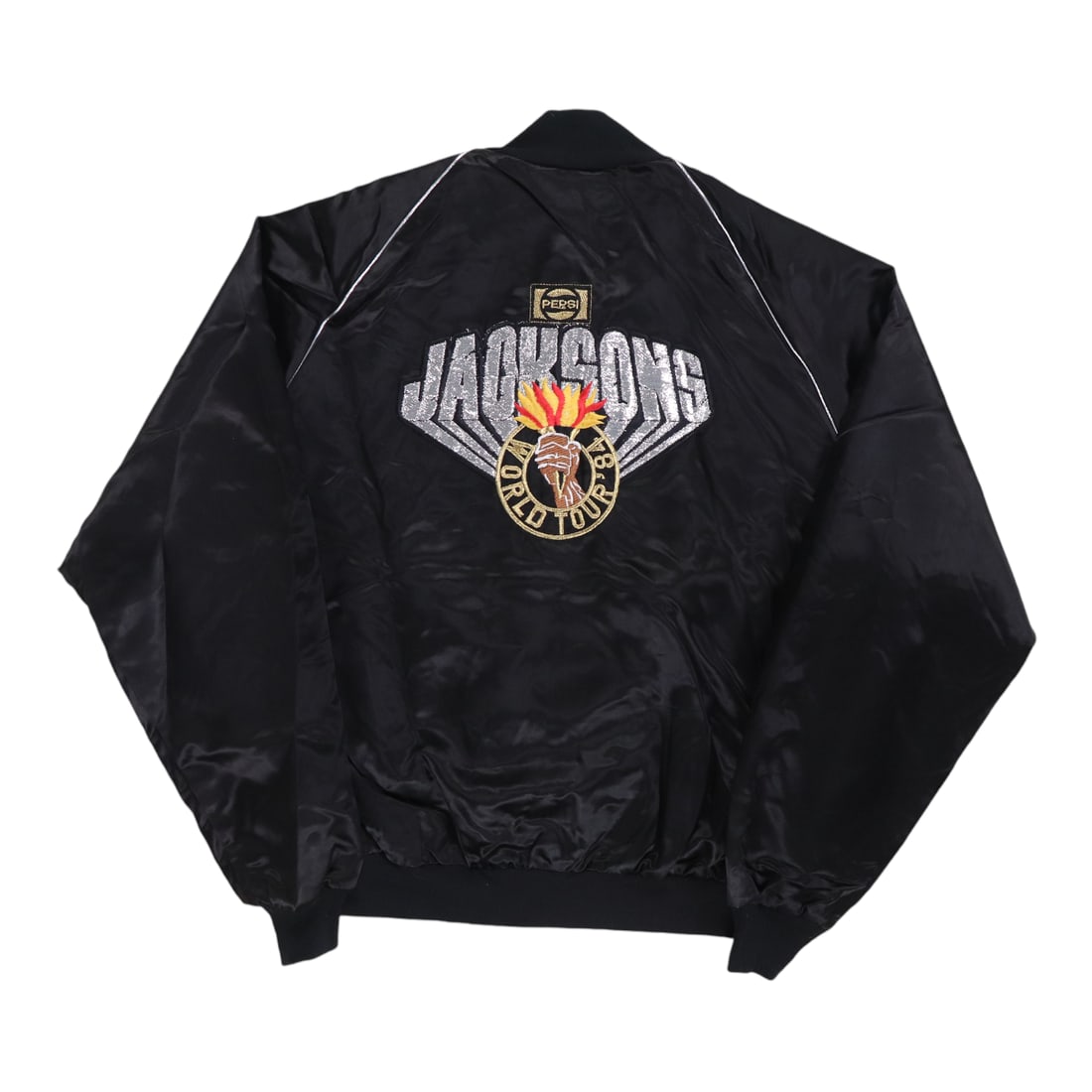 Vintage 1984 Satin Black Jacksons Victory Tour Jacket with Graphics: Vintage 1984 Satin Black Jacksons Victory Tour Jacket with Graphics This is an original vintage 1984 Jacksons Victory Tour jacket, not a modern reproduction. It features front and back graphics and is