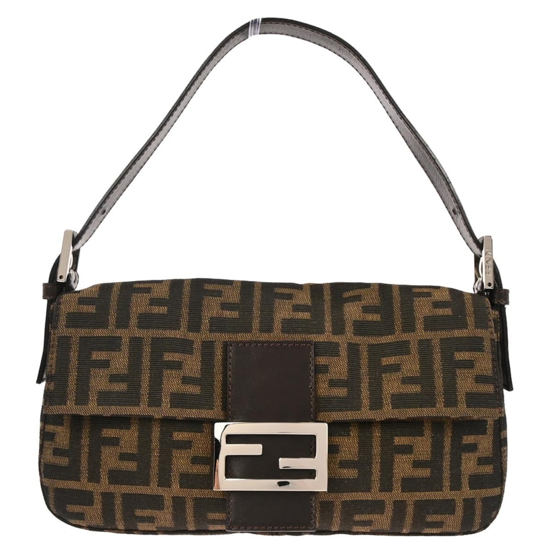 Fendi Zucca Canvas Baguette Shoulder Bag Brown with Silver Hardware: Fendi Zucca Canvas Baguette Shoulder Bag Brown with Silver Hardware This Fendi Baguette handbag features the iconic brown Zucca canvas with logo accents and a silver-tone magnetic closure. Designed fo