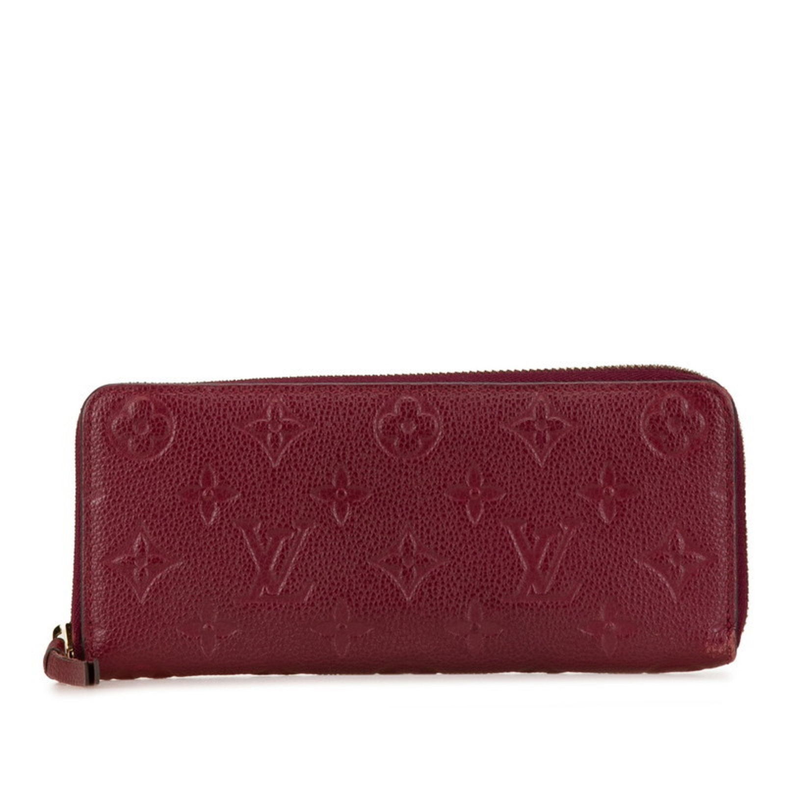 Burgundy Leather Clemence Wallet by Louis Vuitton France: Burgundy Leather Clemence Wallet by Louis Vuitton France This Louis Vuitton Clemence wallet is crafted from burgundy leather and features a sleek, feminine design. The wallet shows signs of use with v