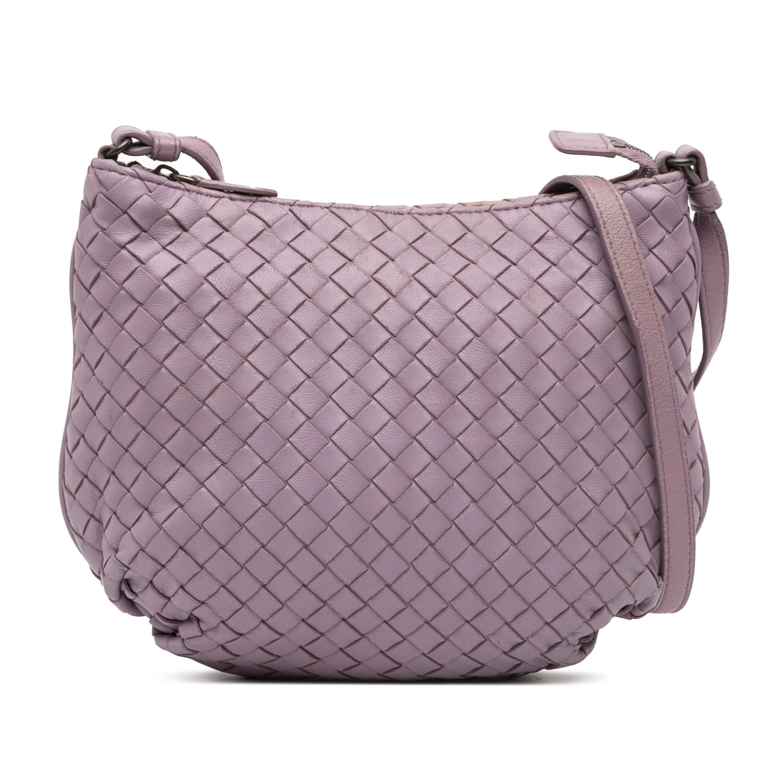 Bottega Veneta Purple Nappa Intrecciato Leather Crossbody Bag: Bottega Veneta Purple Nappa Intrecciato Leather Crossbody Bag This Bottega Veneta Nappa Intrecciato Crossbody is a stylish accessory crafted from woven nappa leather, showcasing a rich purple hue. It