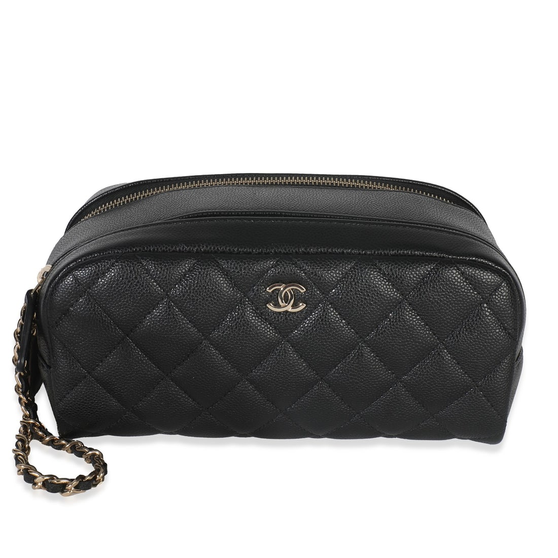 Chanel Black Leather Quilted Toiletry Pouch with Chain Strap: Chanel Black Leather Quilted Toiletry Pouch with Chain Strap This Chanel black quilted caviar leather toiletry case features a silver-tone chain strap and a zip-top closure. The pouch-style design has