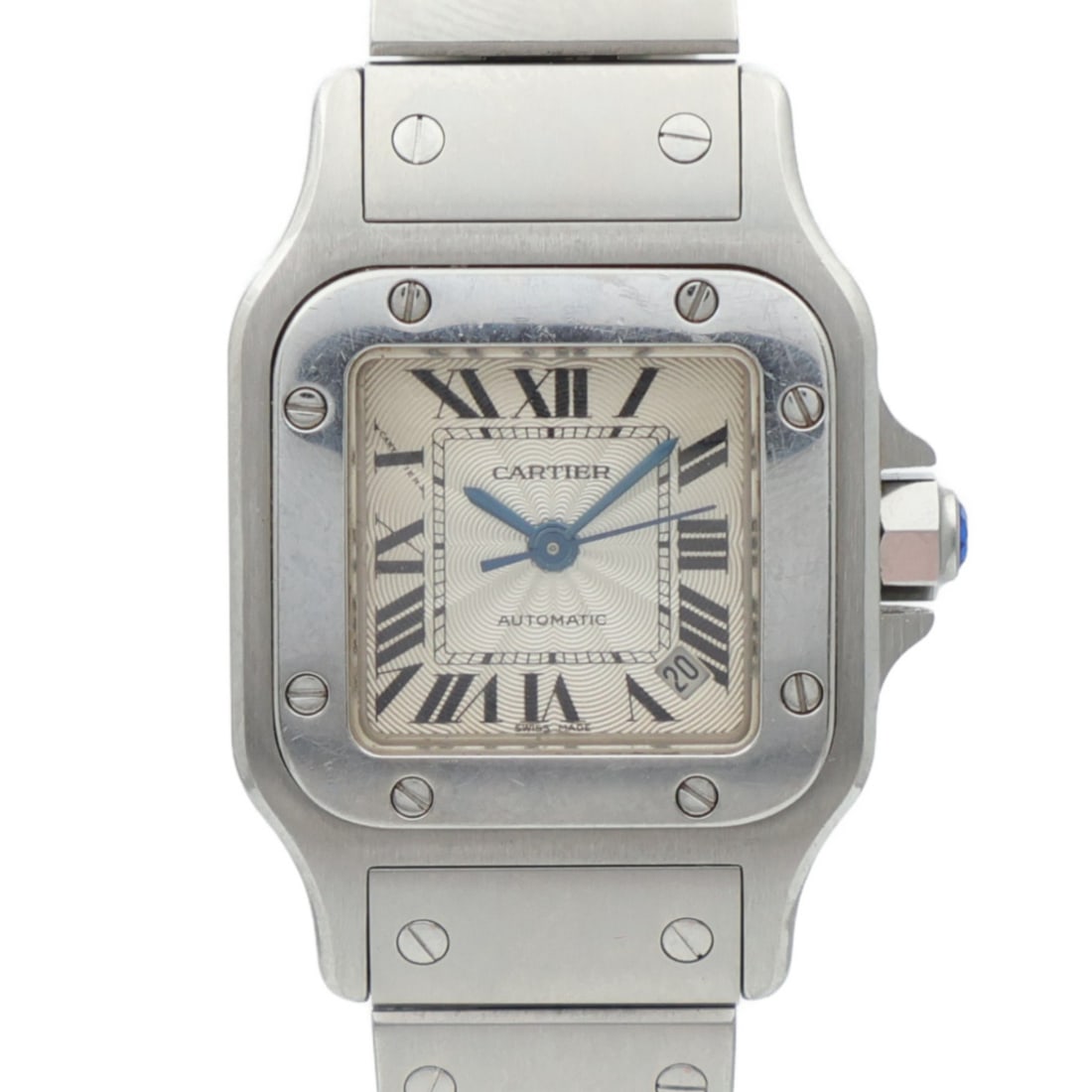 Santos Galbee Automatic Stainless Steel Wristwatch W20054D6 White Dial: Santos Galbee Automatic Stainless Steel Wristwatch W20054D6 White Dial The Cartier Santos Galbee Automatic Watch W20054D6 features a stainless steel case and bracelet with a white dial. Designed with