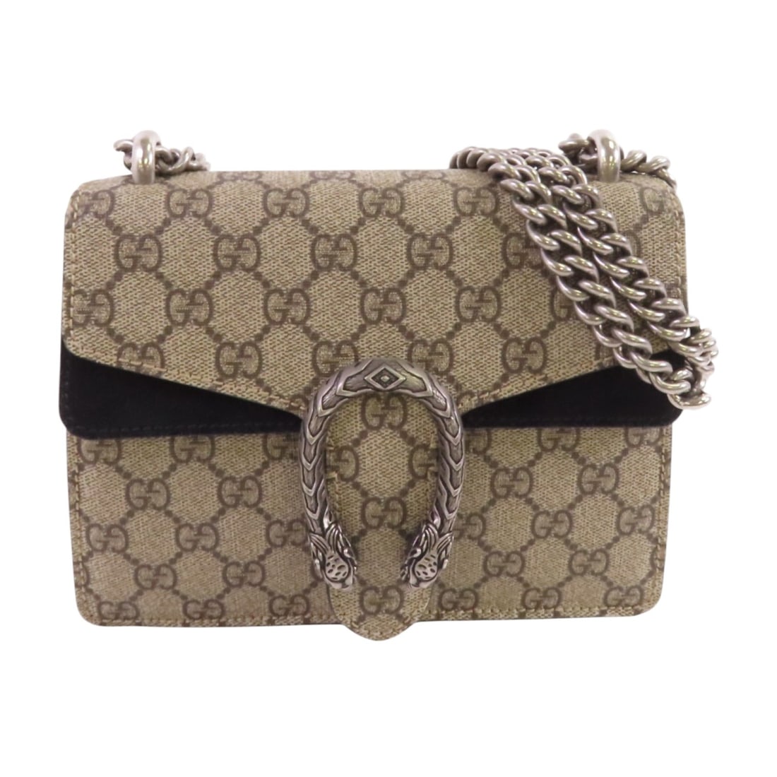 GUCCI Dionysus Mini Shoulder Bag GG Supreme Coated Canvas Grey: GUCCI Dionysus Mini Shoulder Bag GG Supreme Coated Canvas Grey Introducing the GUCCI GG Dionysus Mini Shoulder Bag, an elegant accessory that combines style and functionality. Crafted from durable PVC