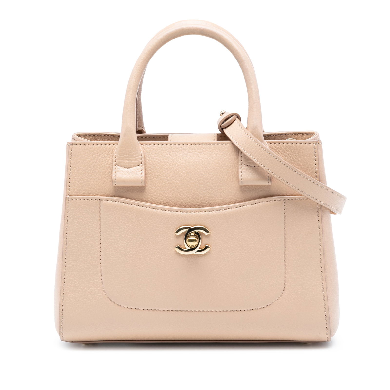 Chanel Mini Neo Executive Grained Calfskin Brown Tote with Shoulder Strap: Chanel Mini Neo Executive Grained Calfskin Brown Tote with Shoulder Strap This Chanel Mini Grained Calfskin Neo Executive Shopper Tote features a brown leather body with rolled leather handles, a deta
