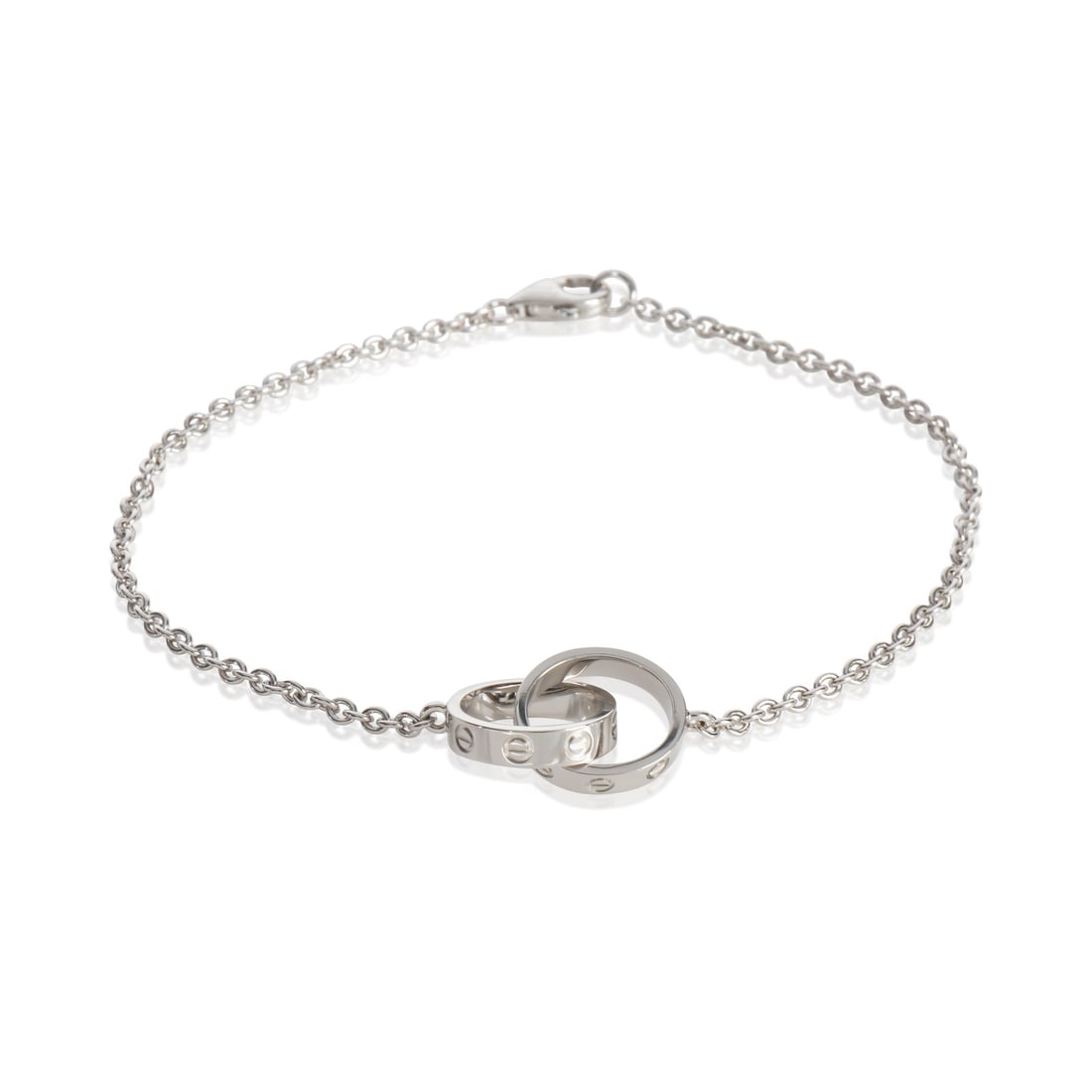 18k White Gold Cartier Love Collection Bracelet with Box 7 Inch: 18k White Gold Cartier Love Collection Bracelet with Box 7 Inch This pre-owned Cartier Love bracelet is crafted from 18k white gold and features a classic lobster claw clasp. Designed for women, it is