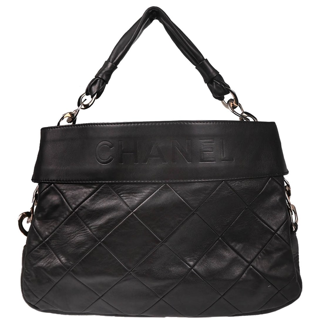 Chanel Black Calfskin Matelasse Tote Handbag with Silver Hardware: Chanel Black Calfskin Matelasse Tote Handbag with Silver Hardware Introducing the Chanel Black Calfskin Tote Handbag, a sophisticated accessory perfect for casual occasions. This large tote features a