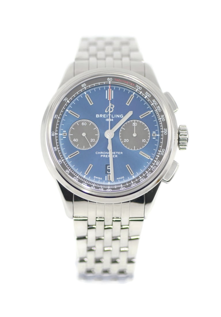 Breitling Premier B01 Chronograph Stainless Steel Watch AB0118 with Box and Papers: Breitling Premier B01 Chronograph Stainless Steel Watch AB0118 with Box and Papers This Breitling Premier B01 Chronograph watch showcases a sophisticated design with a striking blue dial. Crafted from