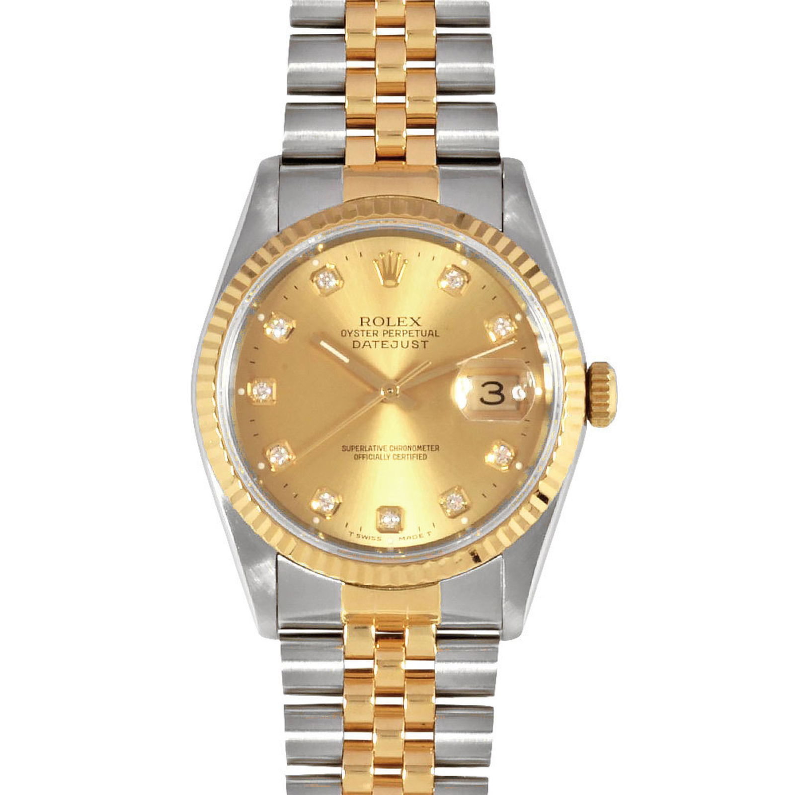 Gold and Steel Rolex Datejust 34mm Swiss Wristwatch: Gold and Steel Rolex Datejust 34mm Swiss Wristwatch This Rolex Datejust watch features a gold and steel construction with a gold-tone dial. Designed for unisex wear, it has been overhauled and polishe