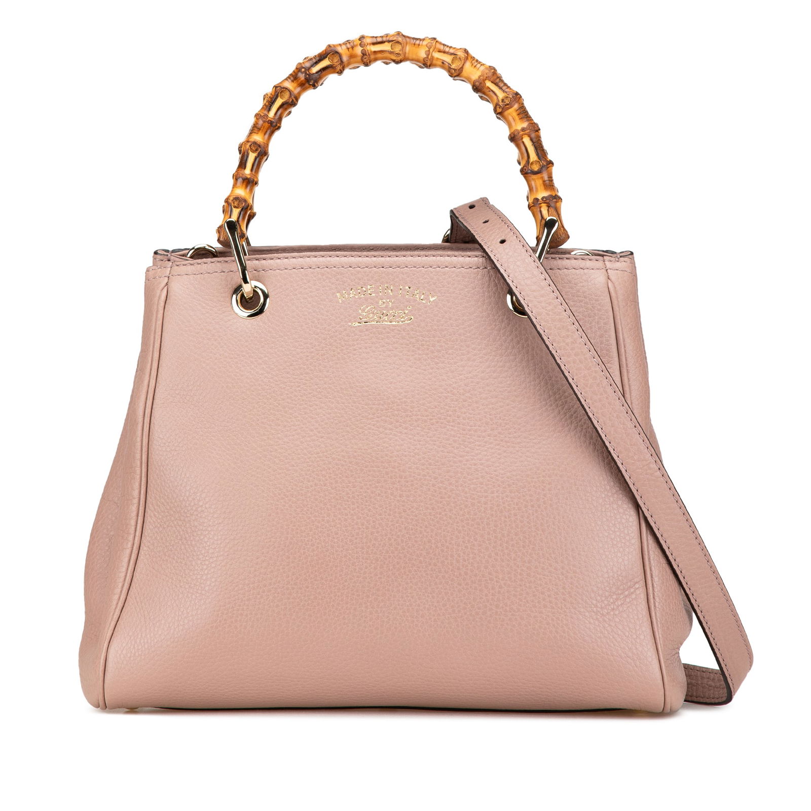 Gucci Pink Small Calfskin Bamboo Shopper Satchel with Detachable Strap: Gucci Pink Small Calfskin Bamboo Shopper Satchel with Detachable Strap Introducing the Gucci Small Calfskin Bamboo Shopper Satchel, a luxurious accessory that embodies sophistication and style. Crafte