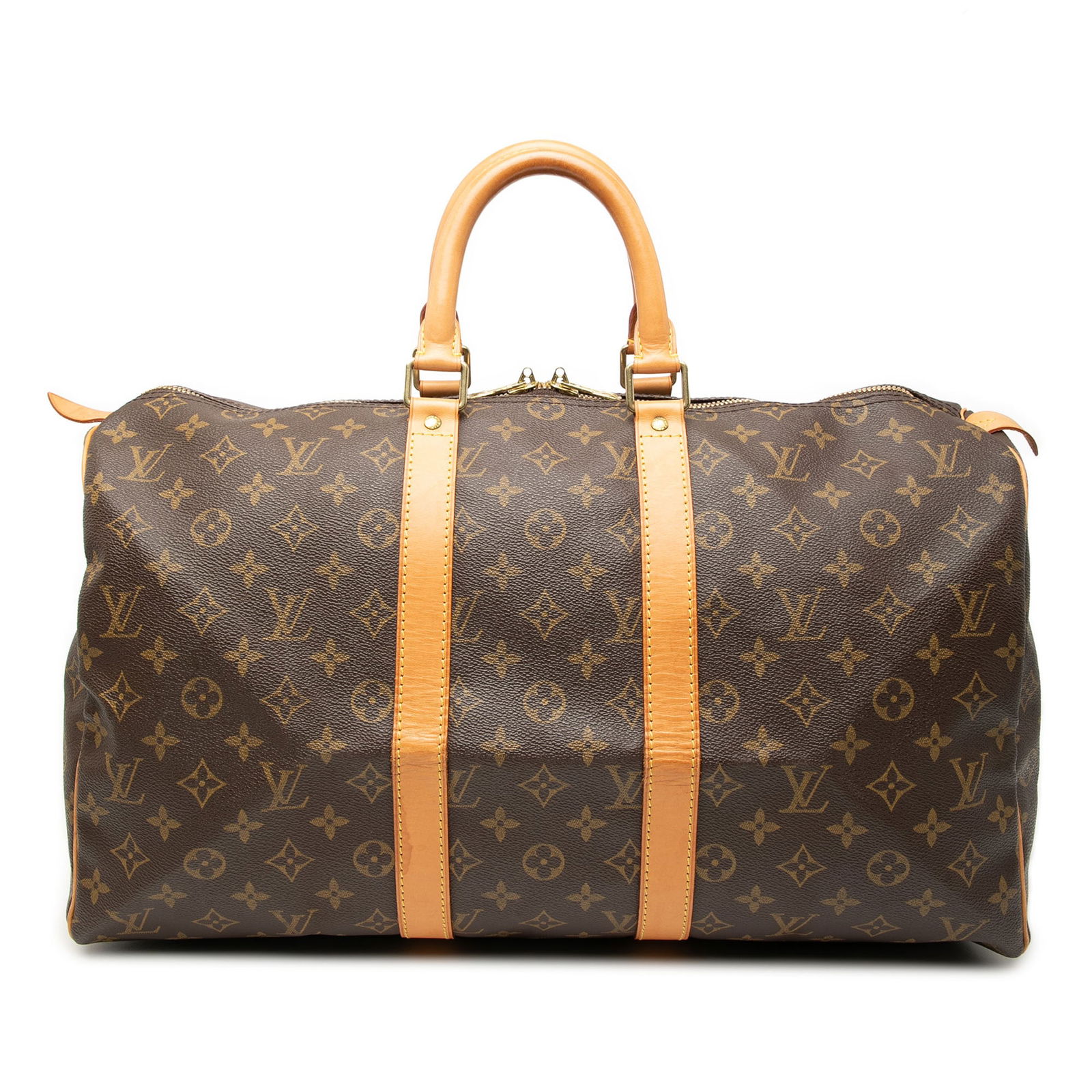 Louis Vuitton Monogram Keepall 45 Bag Brown Canvas Vachetta Trim: Louis Vuitton Monogram Keepall 45 Bag Brown Canvas Vachetta Trim The Louis Vuitton Monogram Keepall 45 is a stylish and functional travel bag crafted from durable monogram canvas with vachetta leather