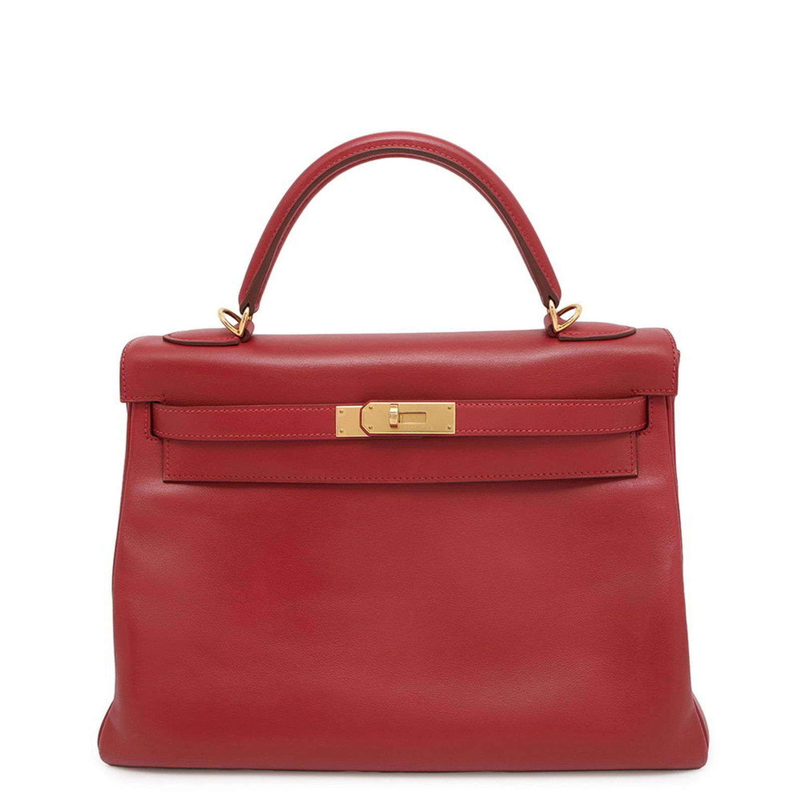 Red Leather Hermes Kelly 32 Handbag with 90cm Strap: Red Leather Hermes Kelly 32 Handbag with 90cm Strap This Hermes Kelly 32 handbag is crafted from leather in a striking red color. Designed for women, it features a structured silhouette and includes a