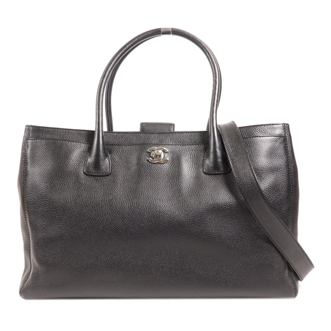 CHANEL Black Calfskin 2 Way Shoulder Tote Bag with SHW: CHANEL Black Calfskin 2 Way Shoulder Tote Bag with SHW This elegant CHANEL CC 2 Way Shoulder Bag is a versatile addition to any wardrobe. Crafted from premium black calfskin leather, this handbag comb