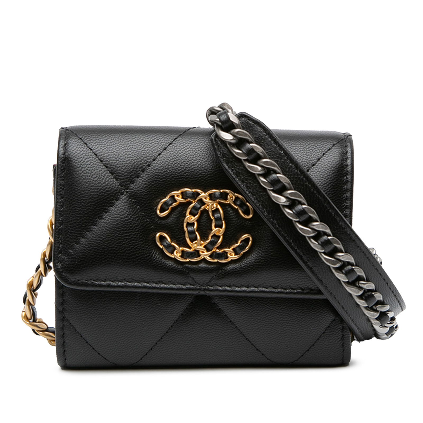 Chanel Black Quilted Lambskin 19 Flap Coin Purse with Chain: Chanel Black Quilted Lambskin 19 Flap Coin Purse with Chain This elegant Chanel Quilted Lambskin 19 Flap Coin Purse is designed for both style and functionality. Crafted from soft quilted lambskin lea