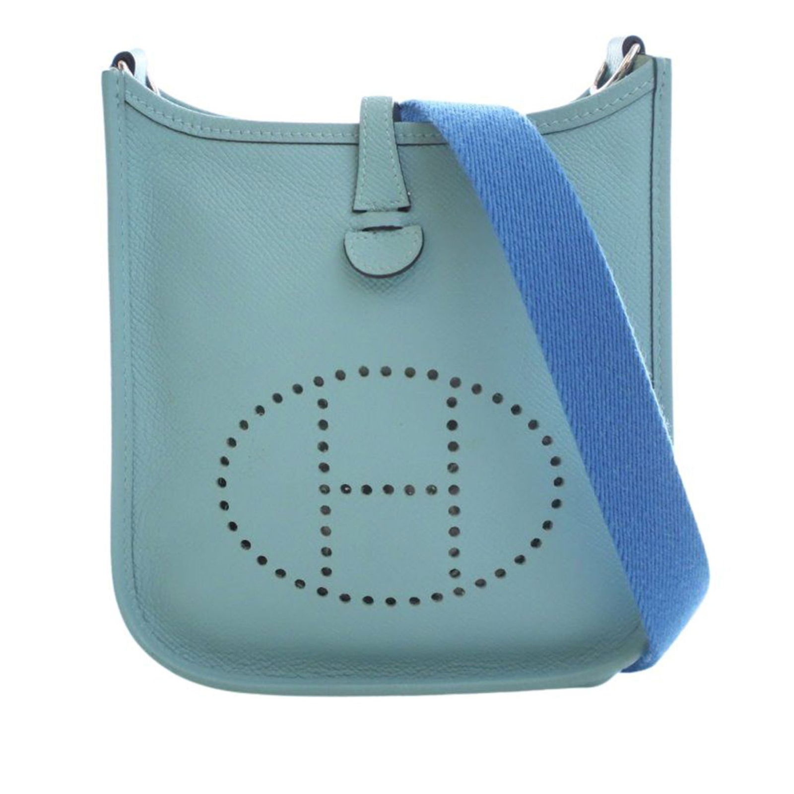 Hermes Evelyne TPM Bleu Atoll Epsom Leather Bag with Canvas Strap: Hermes Evelyne TPM Bleu Atoll Epsom Leather Bag with Canvas Strap This Hermes Evelyne TPM bag is crafted from Epsom leather in Bleu Atoll and features a detachable flat canvas strap. It has an open to