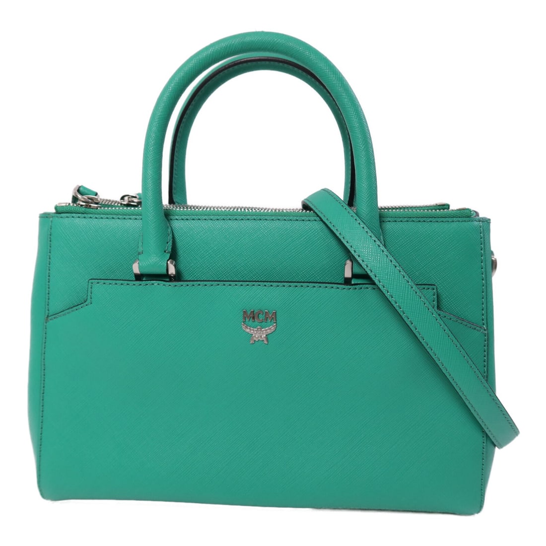 MCM Green Calfskin 2-Way Shoulder Bag: MCM Green Calfskin 2-Way Shoulder Bag This MCM 2-way shoulder bag features green calfskin leather and offers versatile wear options. It has a regular size and is designed with a structured silhouette.