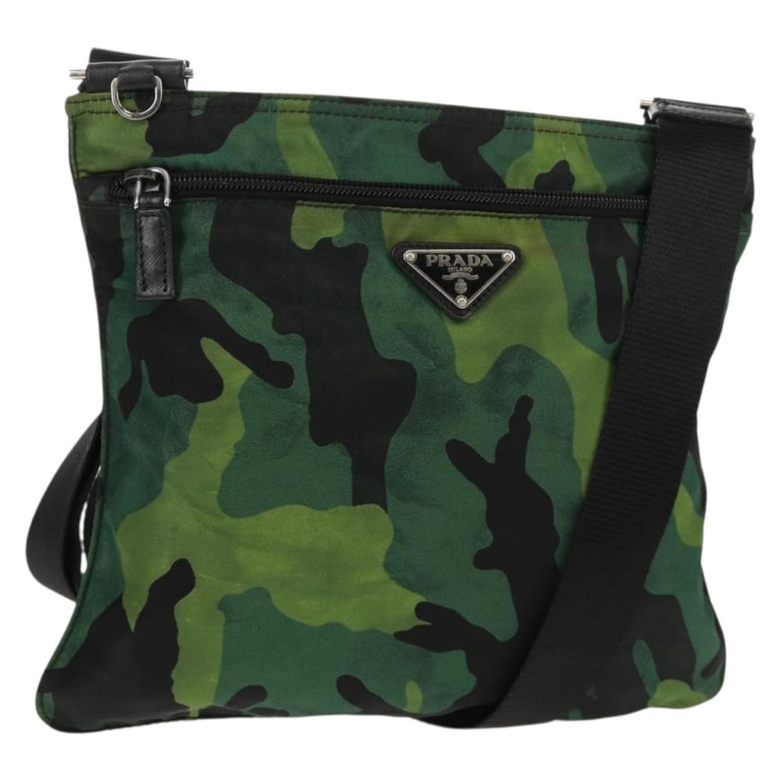 PRADA Camouflage Green Silver Nylon Shoulder Bag Auth 149451V: PRADA Camouflage Green Silver Nylon Shoulder Bag Auth 149451V This PRADA Camouflage Shoulder Bag is a stylish and functional accessory crafted from durable nylon. Featuring a striking green and silver