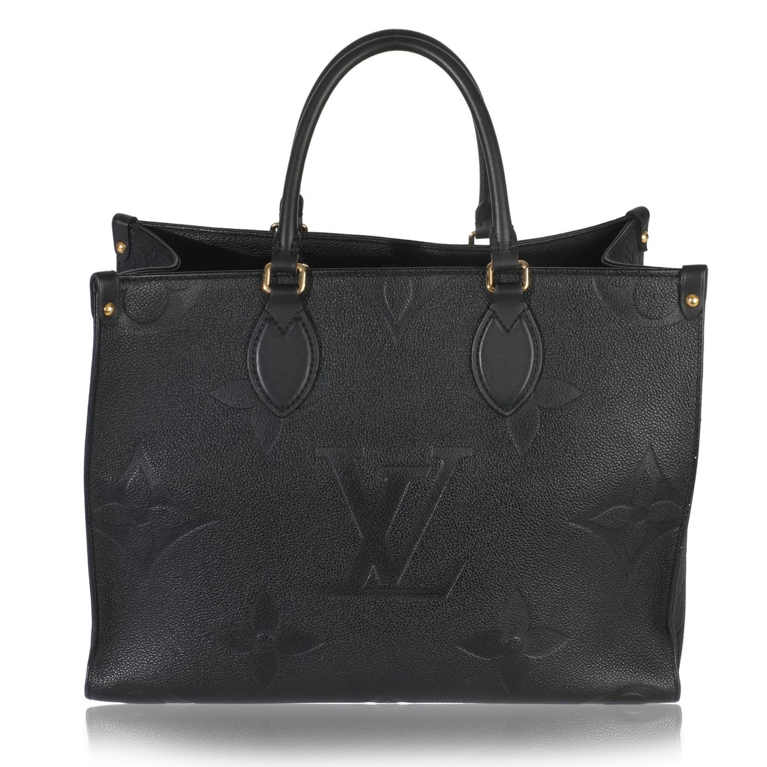 Louis Vuitton Onthego MM Black Leather Giant Monogram Tote Bag: Louis Vuitton Onthego MM Black Leather Giant Monogram Tote Bag This Louis Vuitton Onthego MM tote is crafted from black Giant Monogram Empreinte leather and features gold-tone hardware. The bag offers