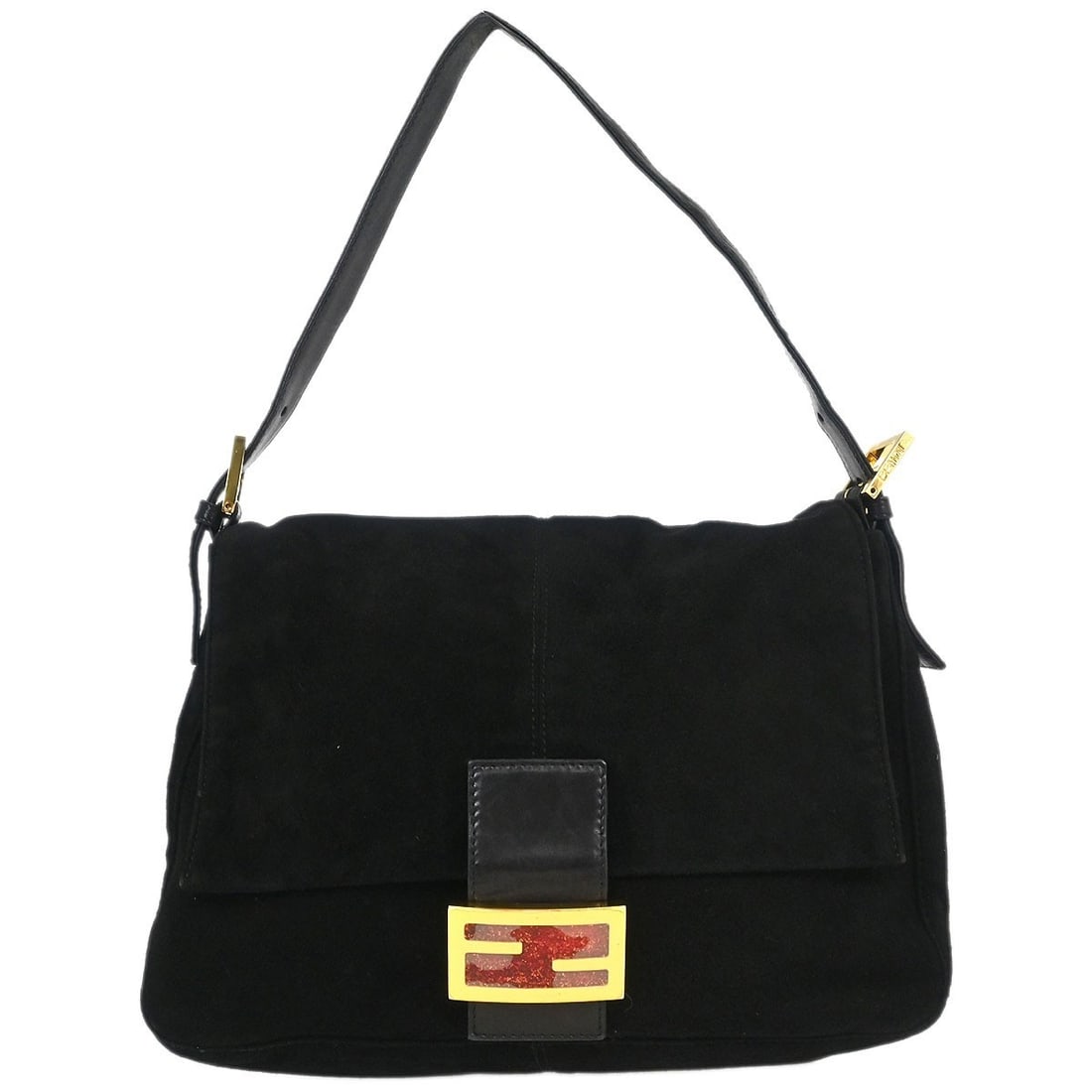Fendi Mamma Baguette Black Suede Shoulder Bag with Gold Hardware: Fendi Mamma Baguette Black Suede Shoulder Bag with Gold Hardware This Fendi Mamma Baguette handbag is crafted from black suede and features gold-tone hardware, a magnetic closure, and an adjustable sh