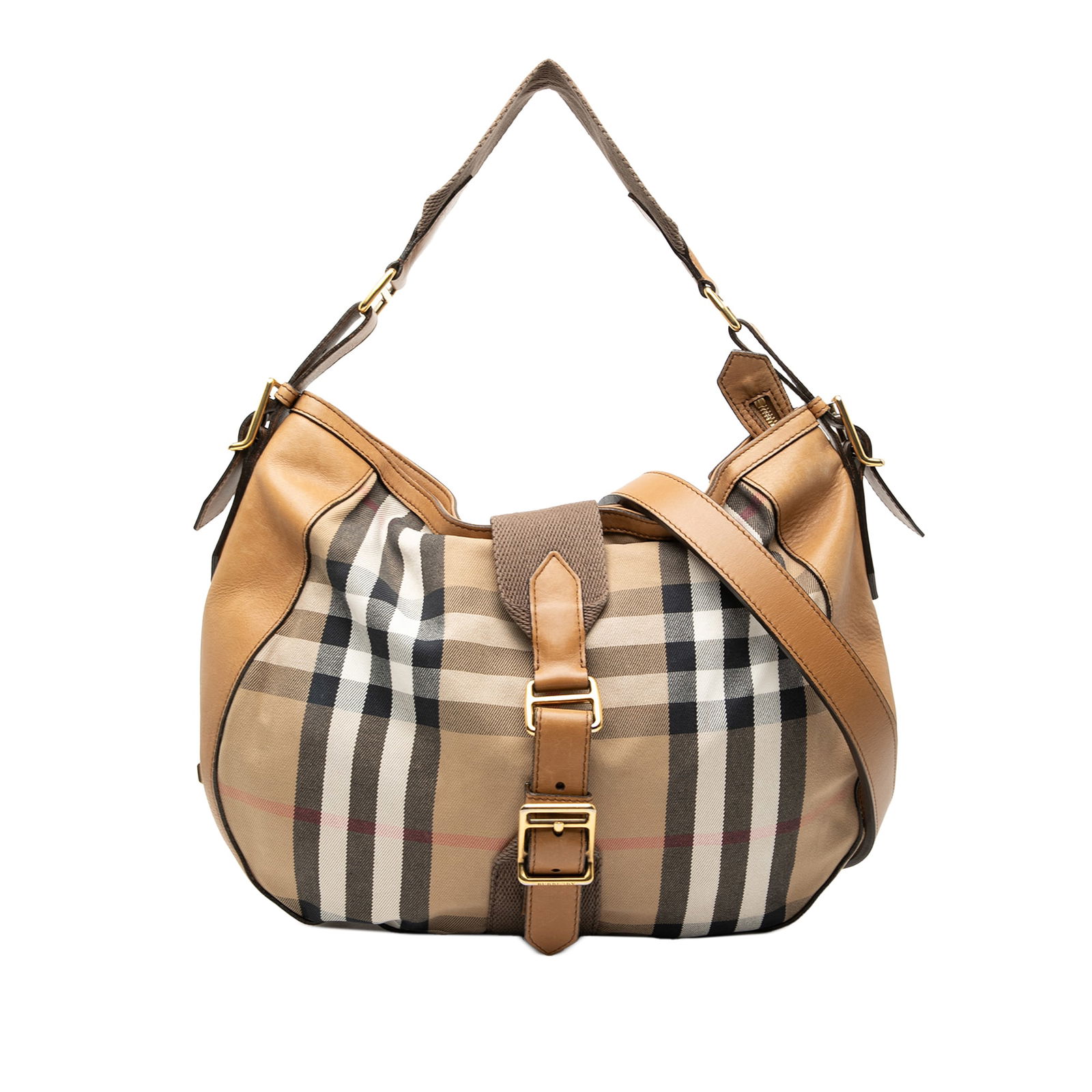 Burberry Ashwood Medium Hobo Bag in House Check Canvas and Leather: Burberry Ashwood Medium Hobo Bag in House Check Canvas and Leather This Burberry Medium House Check Canvas Ashwood Hobo features a classic house check canvas body with leather trim, a flat canvas stra