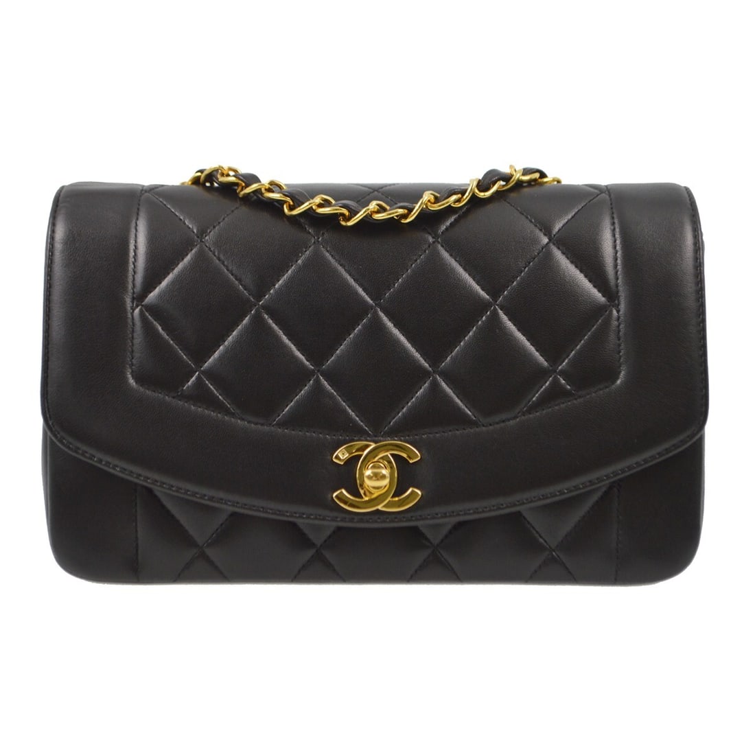 Chanel Black Lambskin Small Diana Shoulder Bag with Chain Strap: Chanel Black Lambskin Small Diana Shoulder Bag with Chain Strap This Chanel Small Diana Shoulder Bag combines elegance with practicality, featuring a classic black lambskin exterior and a chic matelas