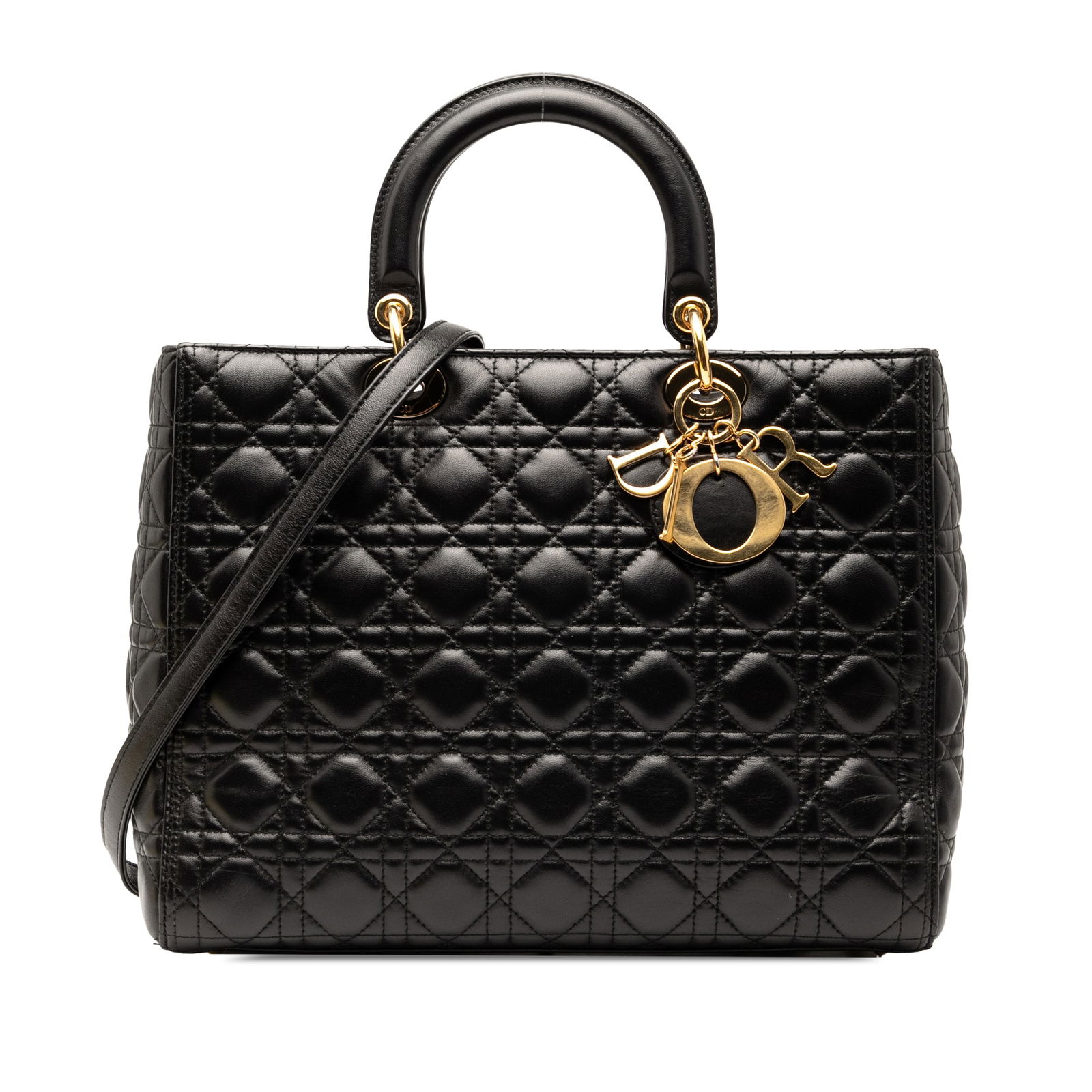 Dior Large Cannage Lady Dior Black Lambskin Bag: Dior Large Cannage Lady Dior Black Lambskin Bag The Large Lambskin Cannage Lady Dior is a sophisticated handbag crafted from quilted lambskin leather. This elegant bag features flat top handles for ea