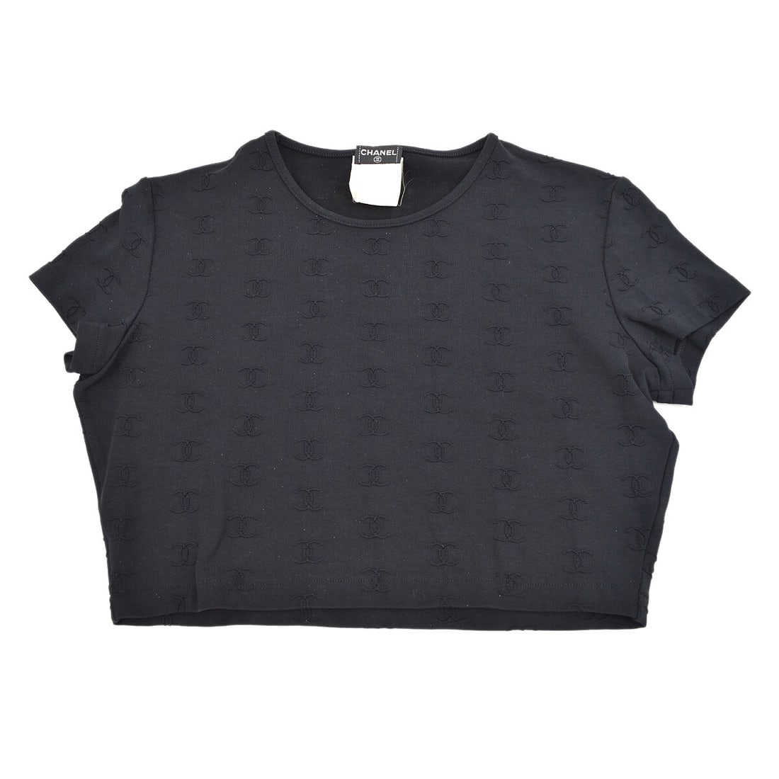 Chanel Black Round Neck Short Sleeve T-Shirt #42 with Logo: Chanel Black Round Neck Short Sleeve T-Shirt #42 with Logo This stylish Chanel t-shirt features a classic round neckline and short sleeves, perfect for casual occasions. Crafted from a comfortable ble