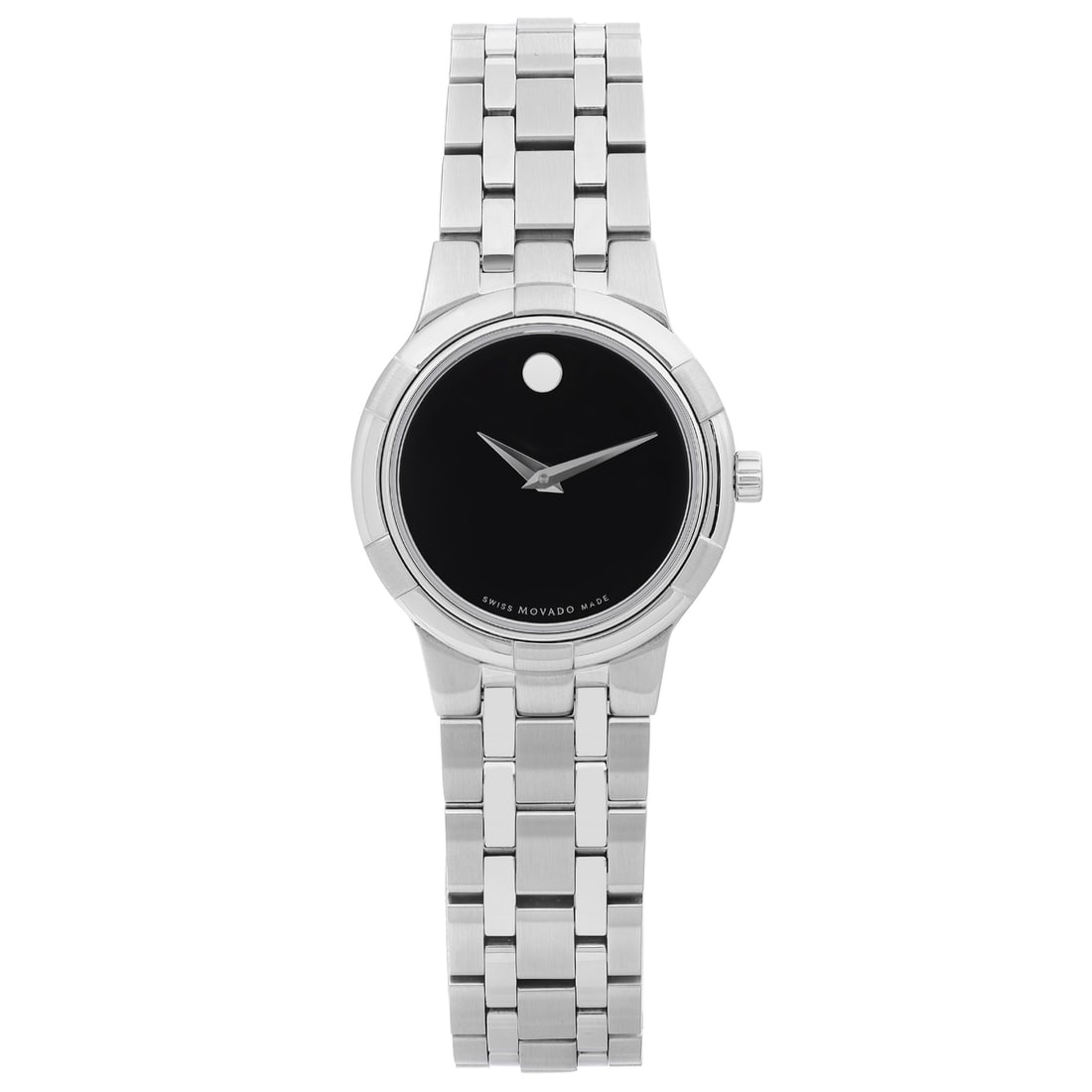 Movado Metio 27mm Quartz Ladies Watch Black Dial Model 0606204: Movado Metio 27mm Quartz Ladies Watch Black Dial Model 0606204 Experience luxury and precision with this Movado Metio wristwatch, designed for the modern woman. This elegant timepiece features a strik