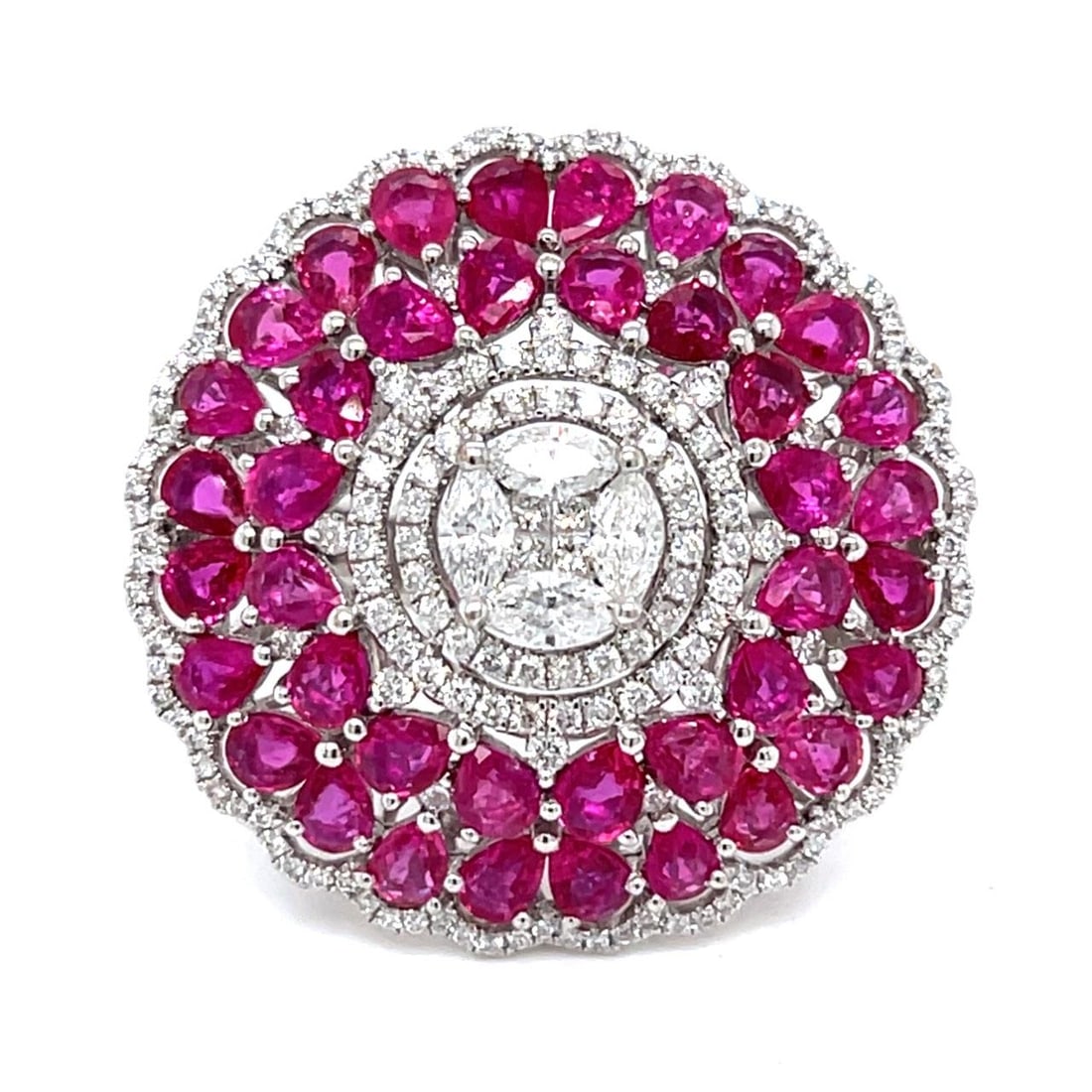 18K White Gold Ruby Diamond Ring 1.55 Ct Diamonds 6.90 Ct Rubies: 18K White Gold Ruby Diamond Ring 1.55 Ct Diamonds 6.90 Ct Rubies This exquisite 18K White Gold Ruby and Diamond Ring showcases a stunning combination of beauty and elegance. Weighing 15.1 grams, this