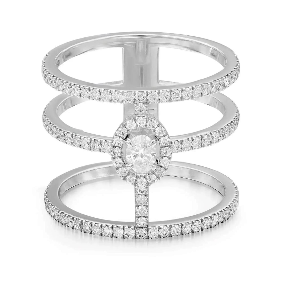 Messika Glam'Azone 3 Row Diamond Band Ring 0.73Ctw 18K White Gold Size 6.5: Messika Glam'Azone 3 Row Diamond Band Ring 0.73Ctw 18K White Gold Size 6.5 Presenting the exquisite Messika Glam'Azone 3 Row Diamond Band Ring, a stunning statement piece crafted in luxurious 18K whit