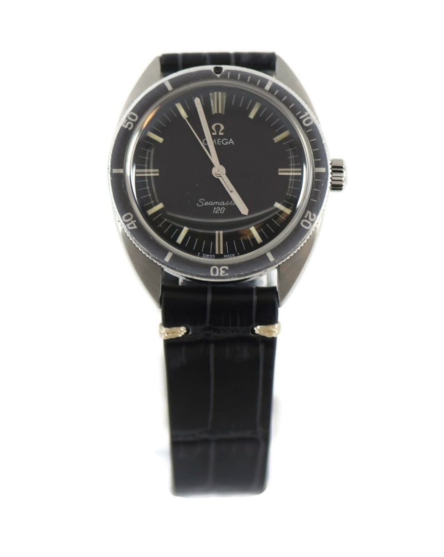 Omega Seamaster 120 Stainless Steel Watch Ref 135.027 Black Dial Leather Band: Omega Seamaster 120 Stainless Steel Watch Ref 135.027 Black Dial Leather Band Introducing the Omega Seamaster 120, a classic wristwatch that combines elegance with functionality. This model features a