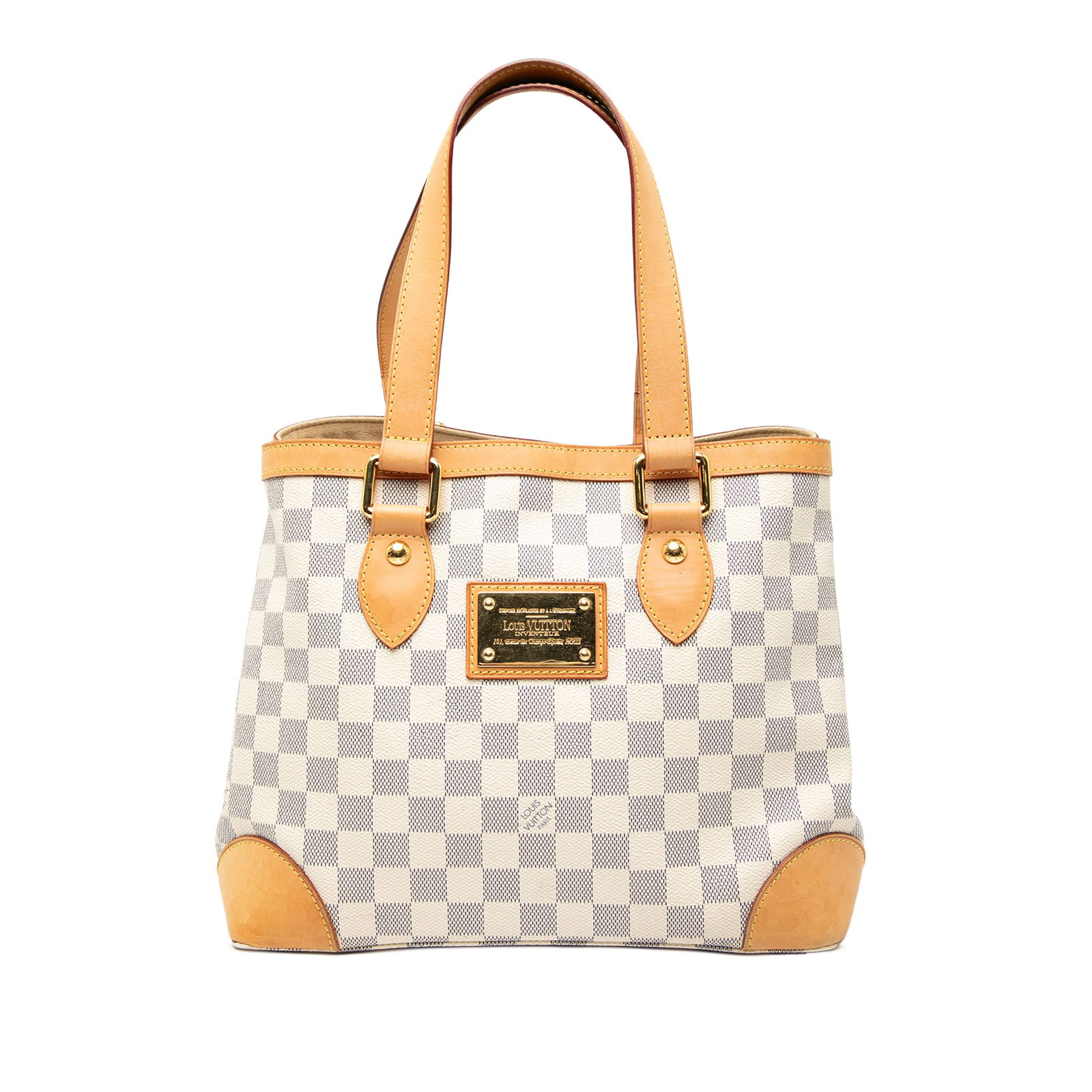 Damier Azur Hampstead PM Tote with Vachetta Trim by Louis Vuitton: Damier Azur Hampstead PM Tote with Vachetta Trim by Louis Vuitton This Louis Vuitton Damier Azur Hampstead PM features a Damier Azur canvas body with vachetta leather trim and flat vachetta straps. Th