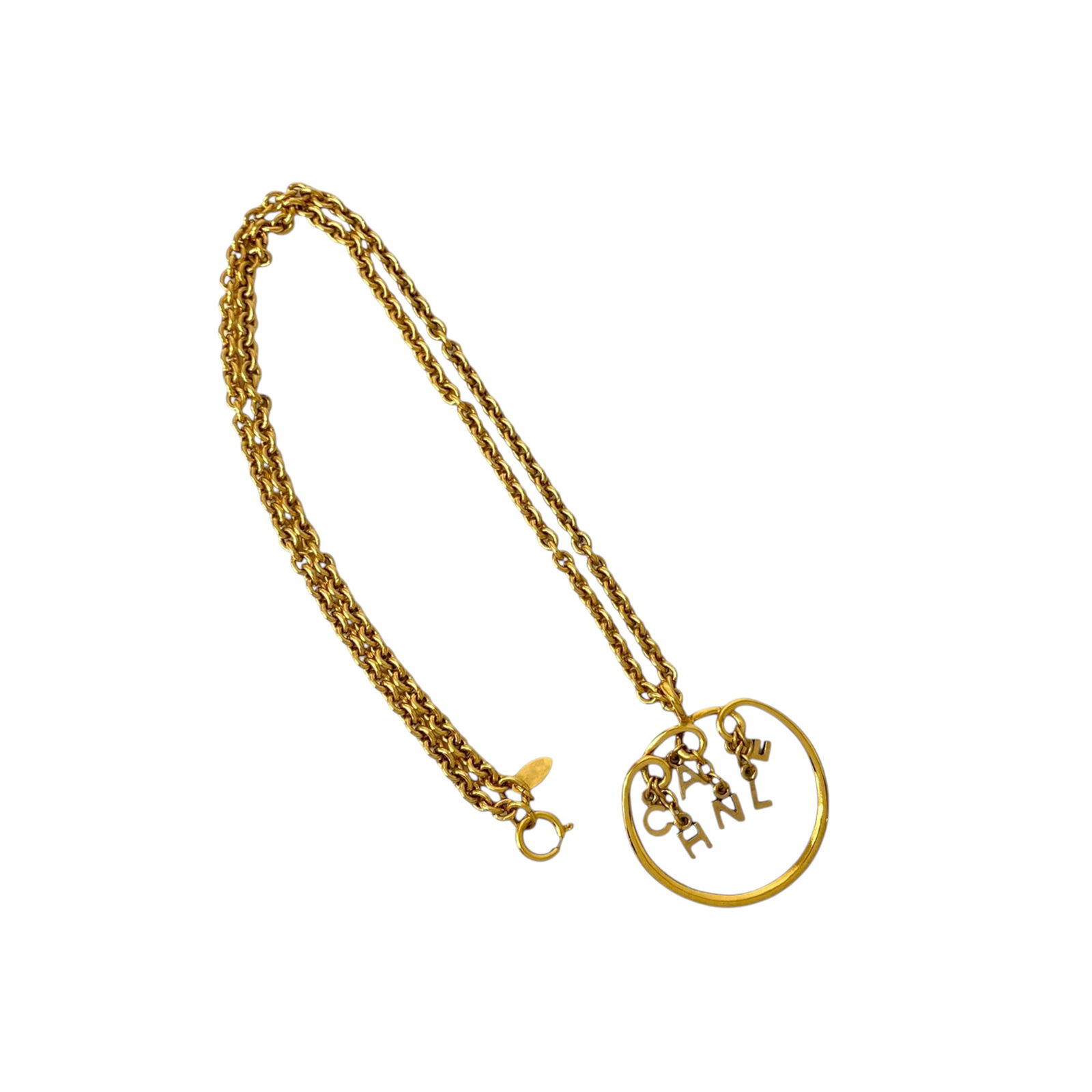 Chanel Letter Charms Pendant Necklace in Gold Plated Metal: Chanel Letter Charms Pendant Necklace in Gold Plated Metal This Chanel necklace features gold plated metal with letter charms and a spring ring closure. The piece measures 70 cm in length, with each m